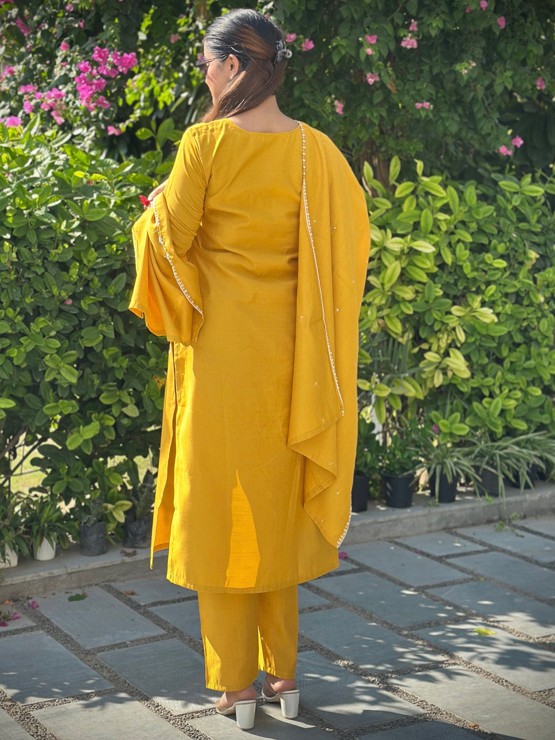 Samyuktha Yellow Embroidery Silk Straight Kurta With Trousers & Dupatta Sets