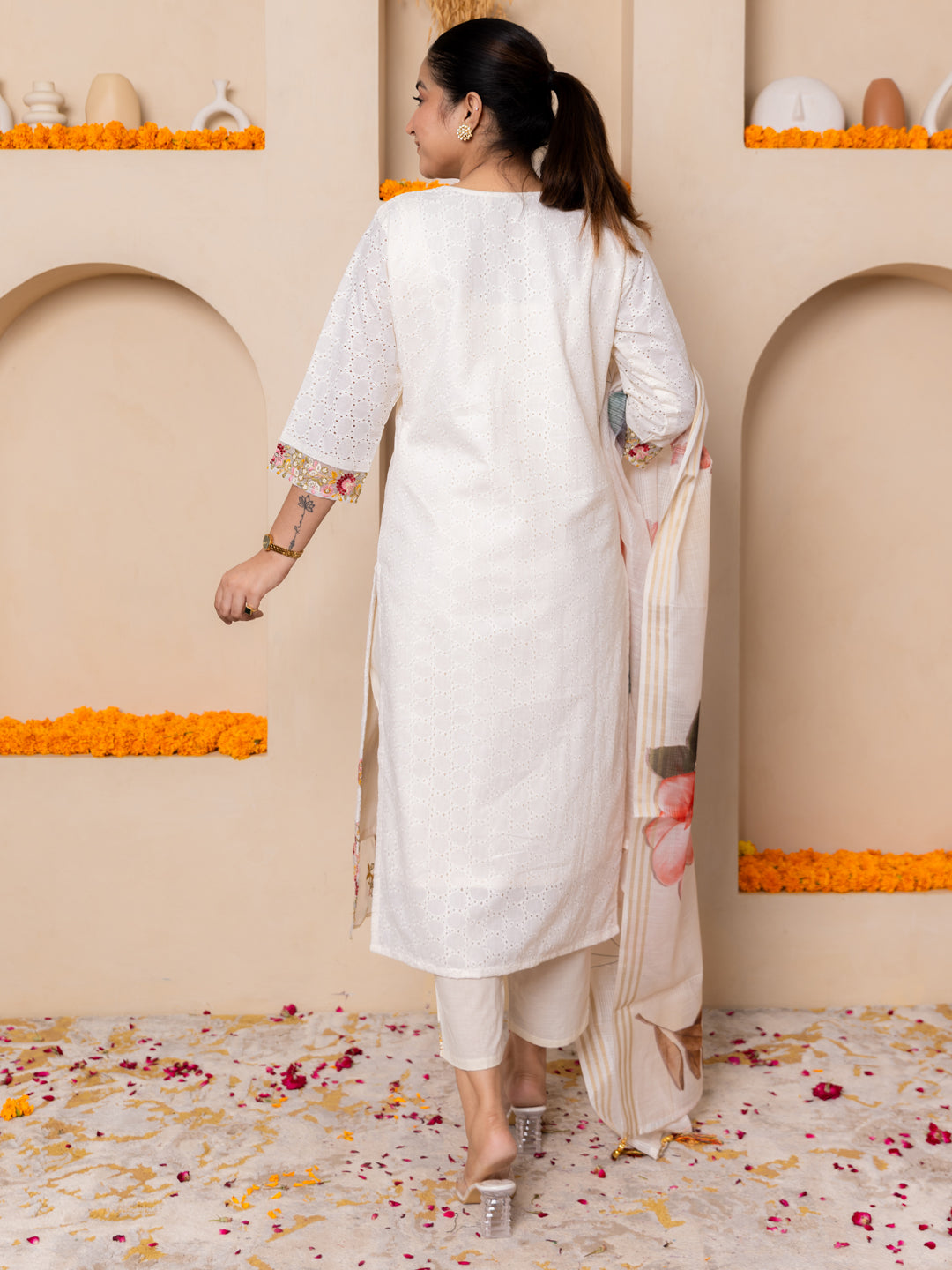 Leela Handwork Cotton Straight Kurta With Trousers & Dupatta Sets