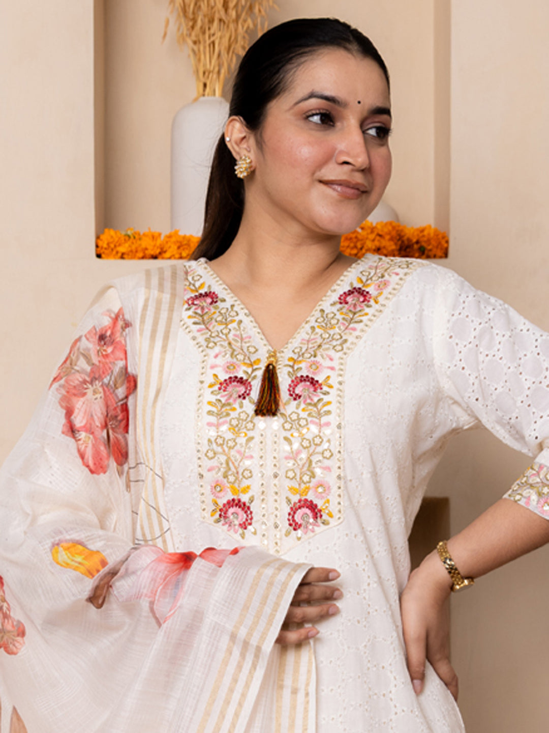 Leela Handwork Cotton Straight Kurta With Trousers & Dupatta Sets