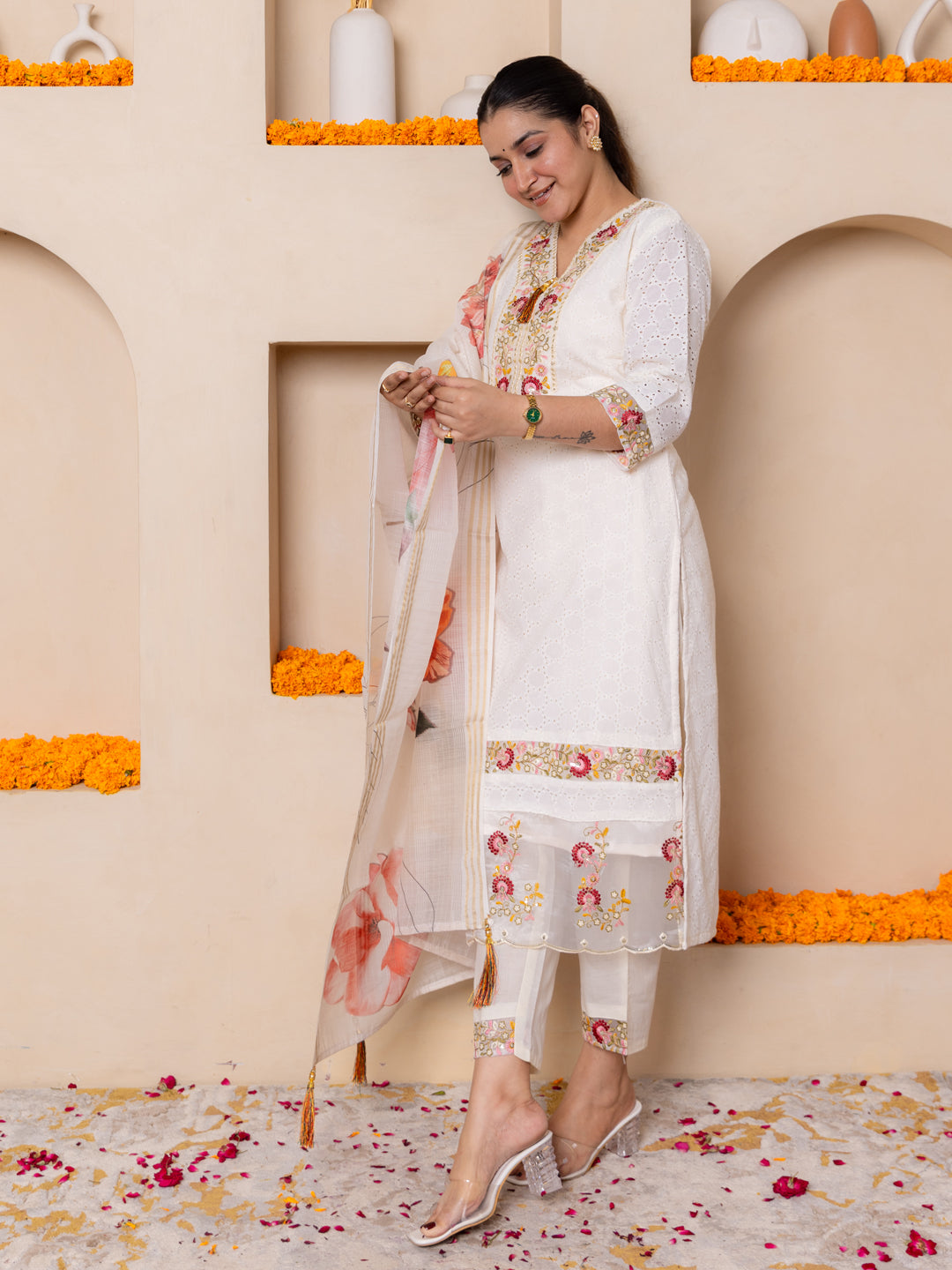 Leela Handwork Cotton Straight Kurta With Trousers & Dupatta Sets