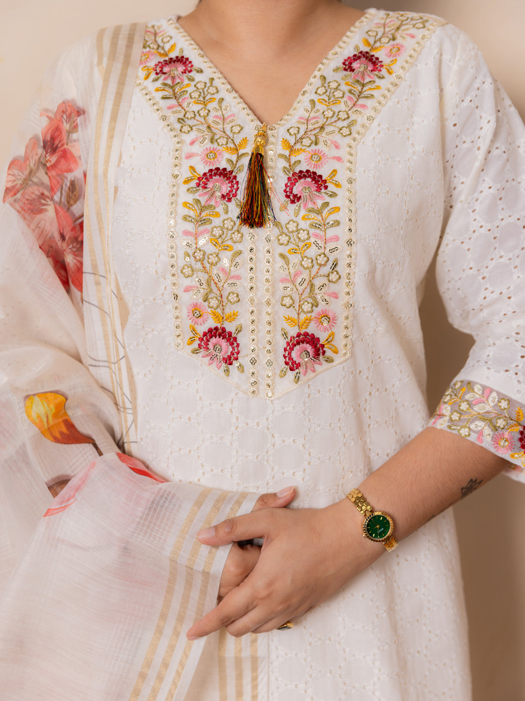 Leela Handwork Cotton Straight Kurta With Trousers & Dupatta Sets