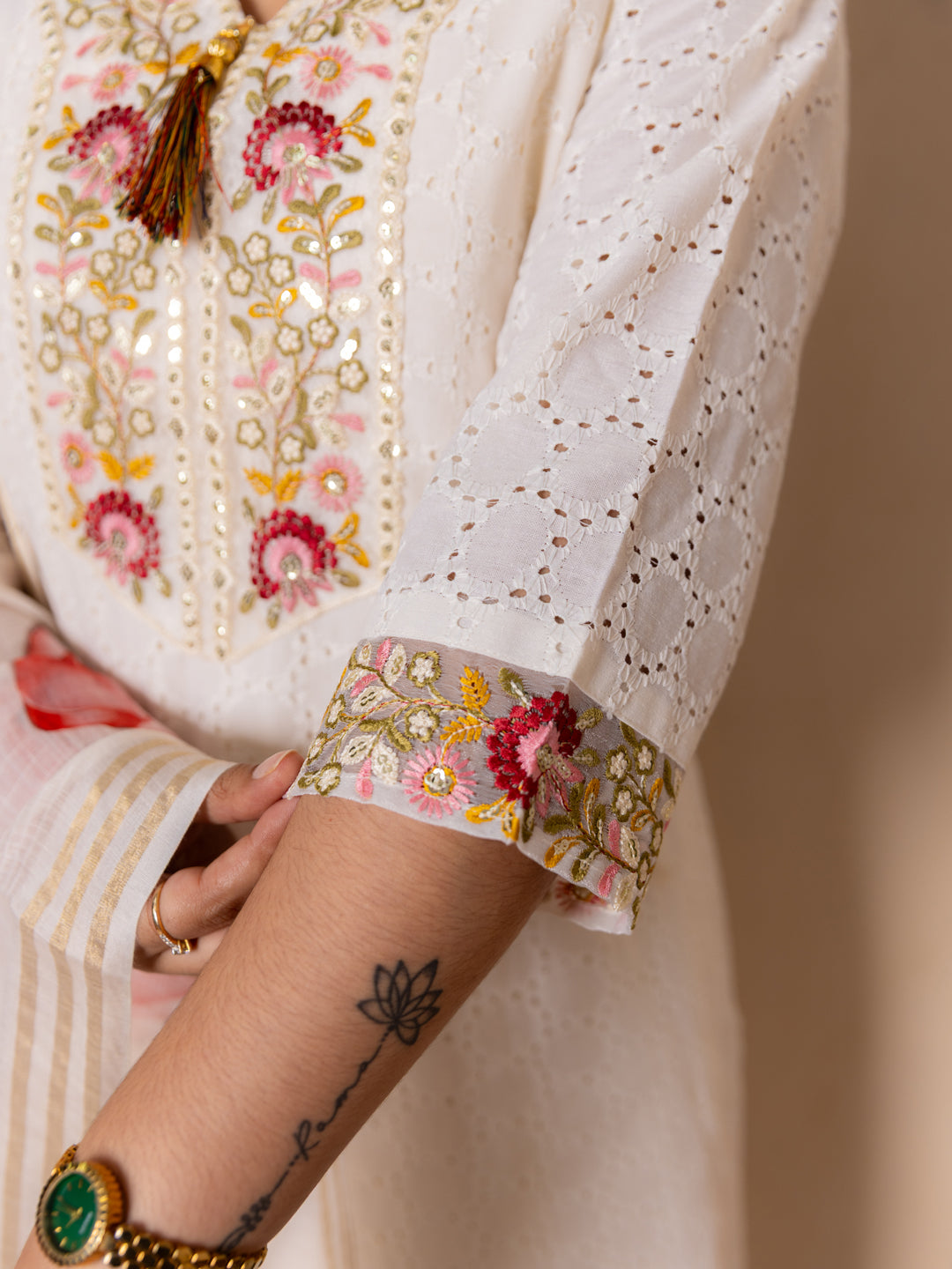 Leela Handwork Cotton Straight Kurta With Trousers & Dupatta Sets