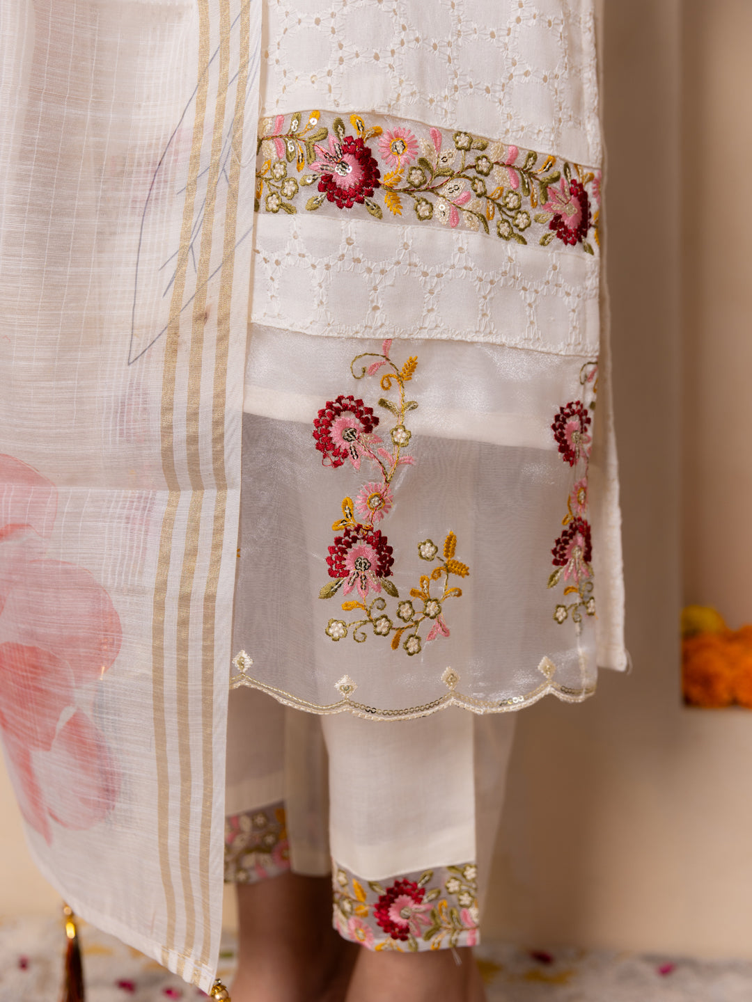 Leela Handwork Cotton Straight Kurta With Trousers & Dupatta Sets