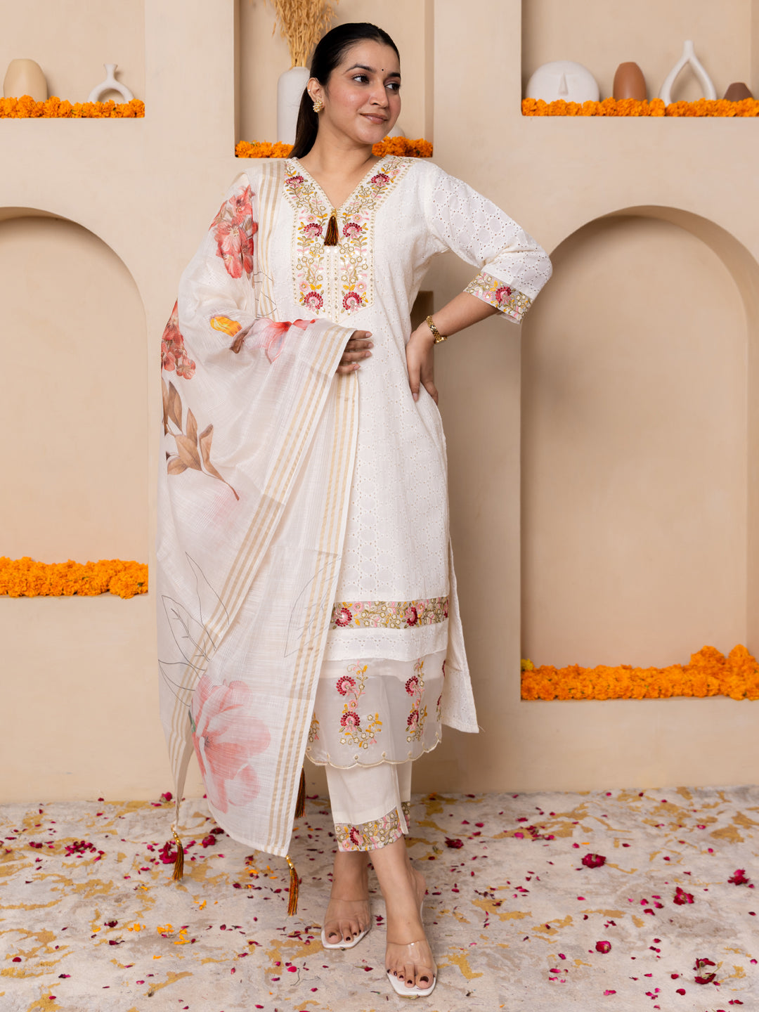 Leela Handwork Cotton Straight Kurta With Trousers & Dupatta Sets