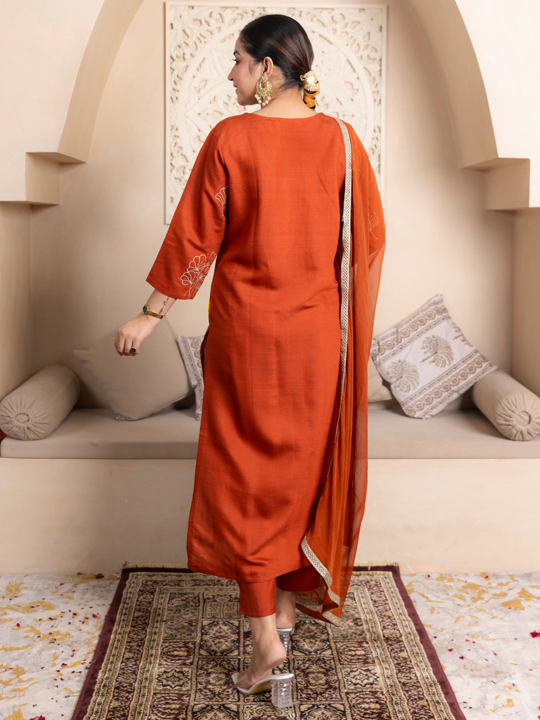 Tridha Rust Yoke Design Silk Blend Straight Suit With Dupatta