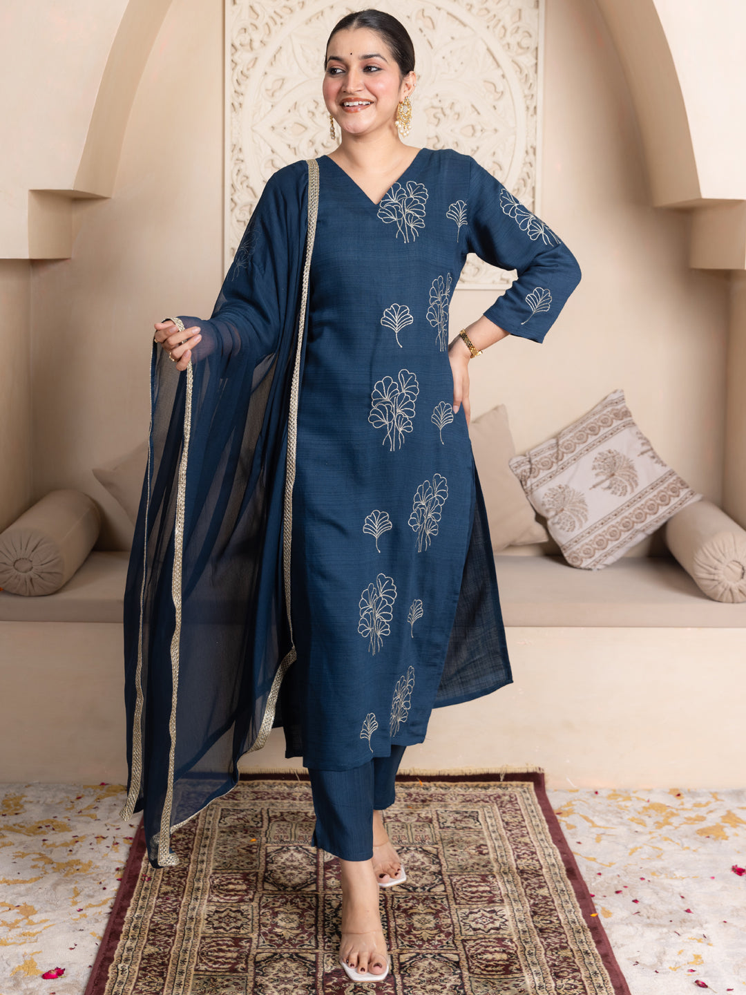 Tridha Teal Yoke Design Silk Blend Straight Suit With Dupatta
