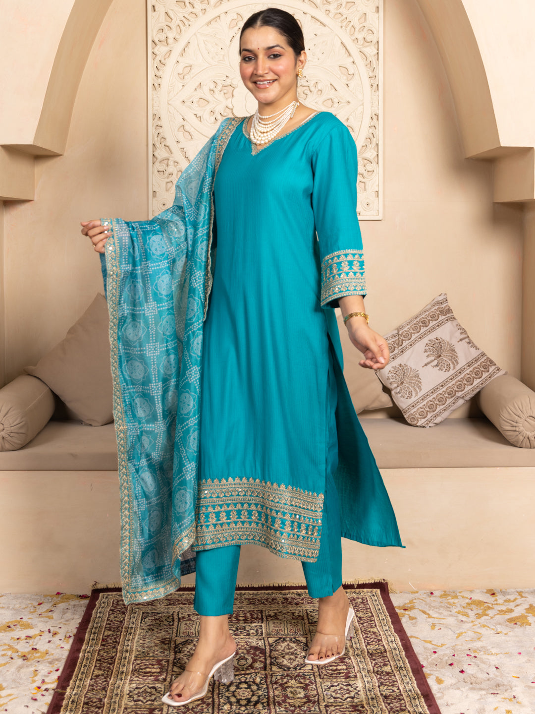 Prakriti Rama Kurta and Pant Dupatta Sets Silk Blend Fabrics with Embroidery