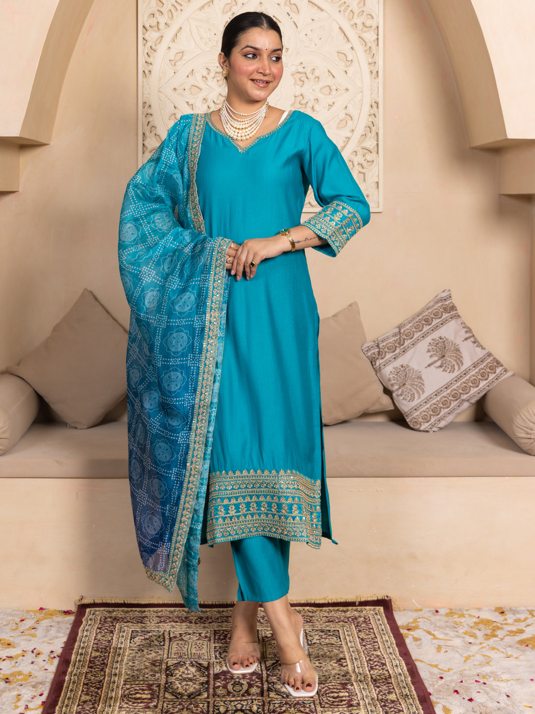 Prakriti Rama Kurta and Pant Dupatta Sets Silk Blend Fabrics with Embroidery