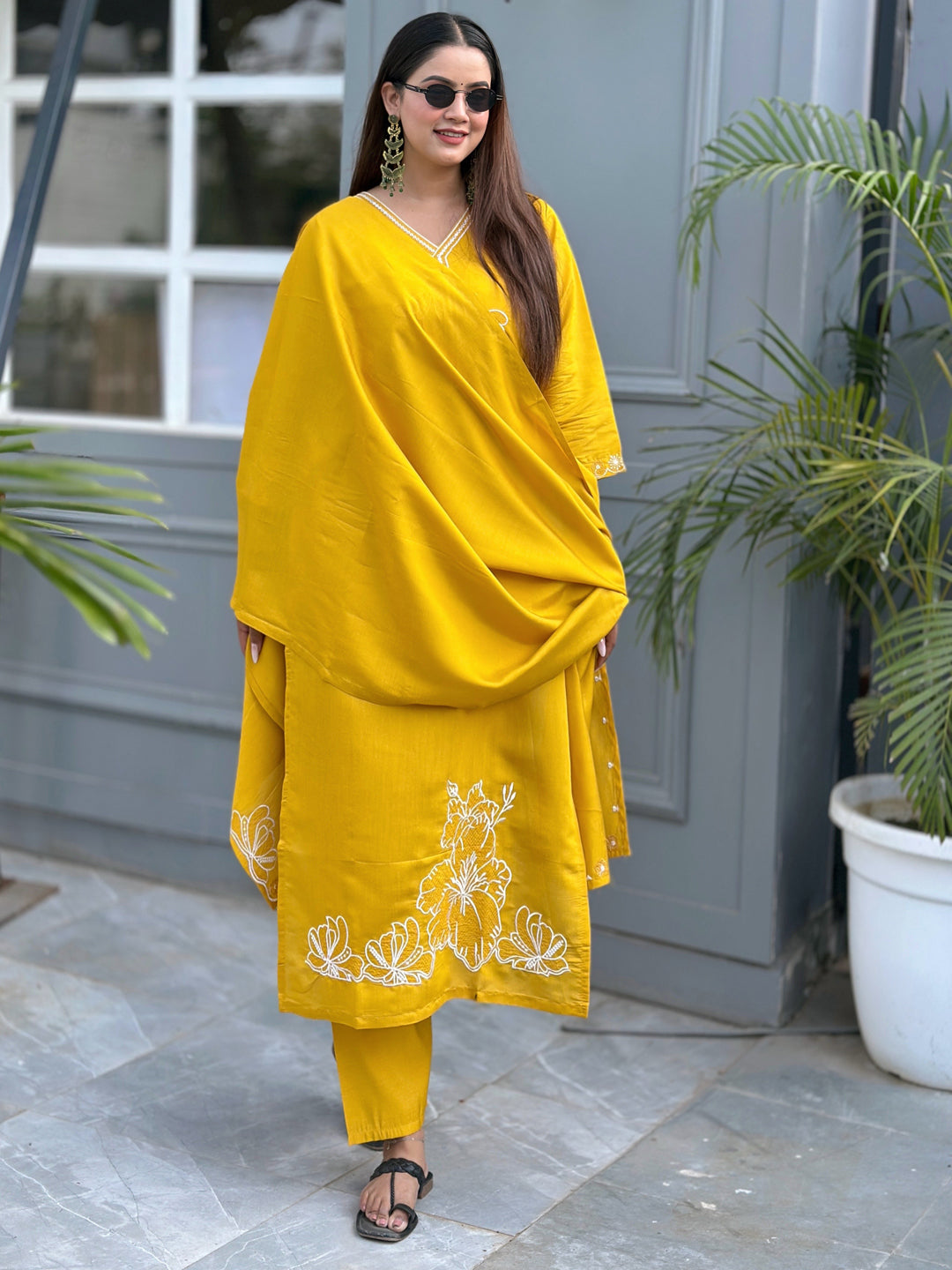 Neel Yellow Kurta and Pant Dupatta Sets Silk Blend Fabrics with Embroidery