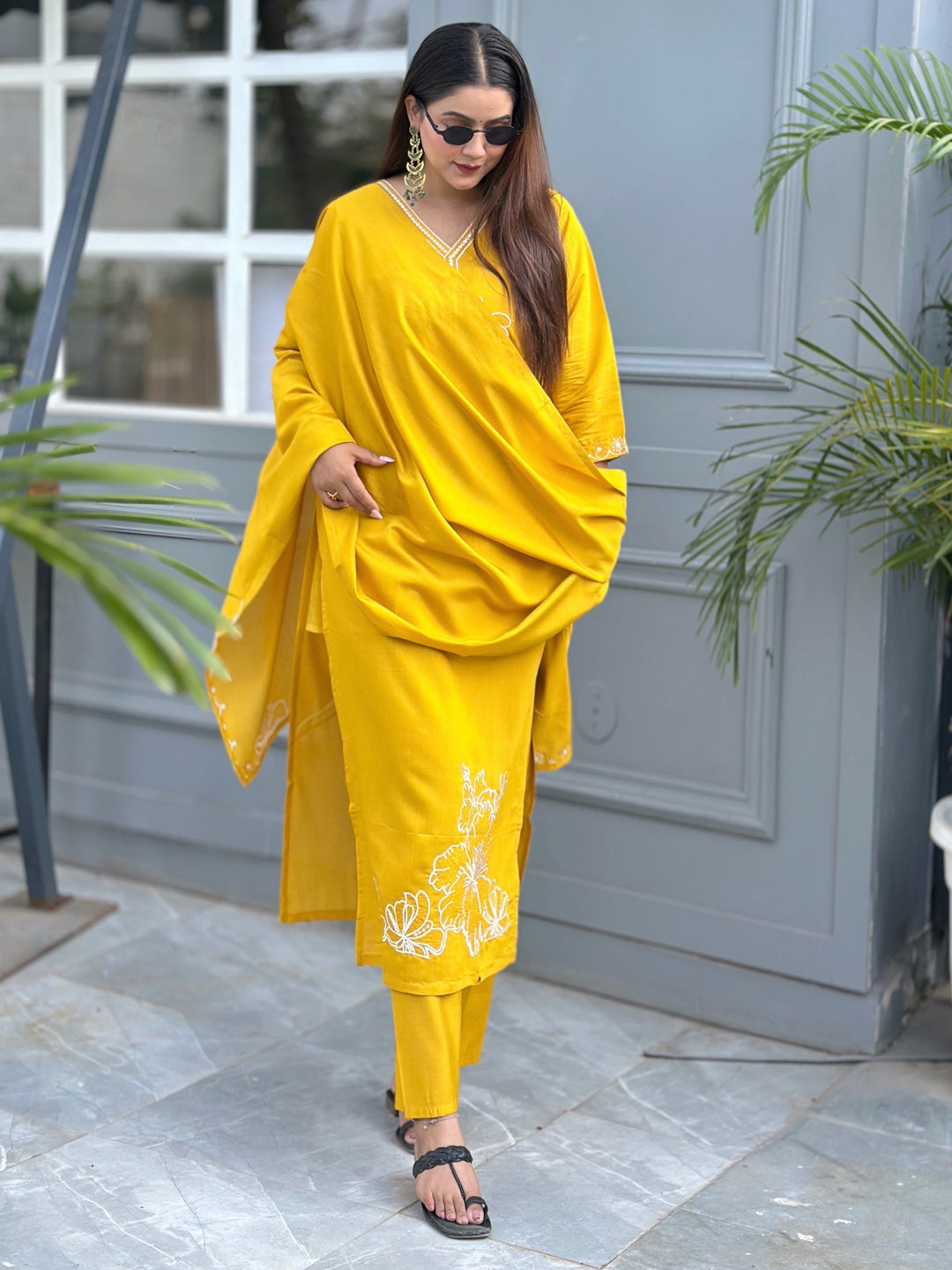 Neel Yellow Kurta and Pant Dupatta Sets Silk Blend Fabrics with Embroidery