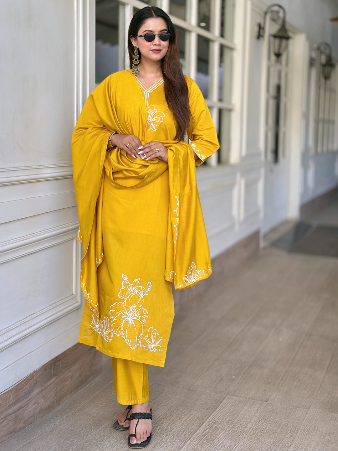 Neel Yellow Kurta and Pant Dupatta Sets Silk Blend Fabrics with Embroidery