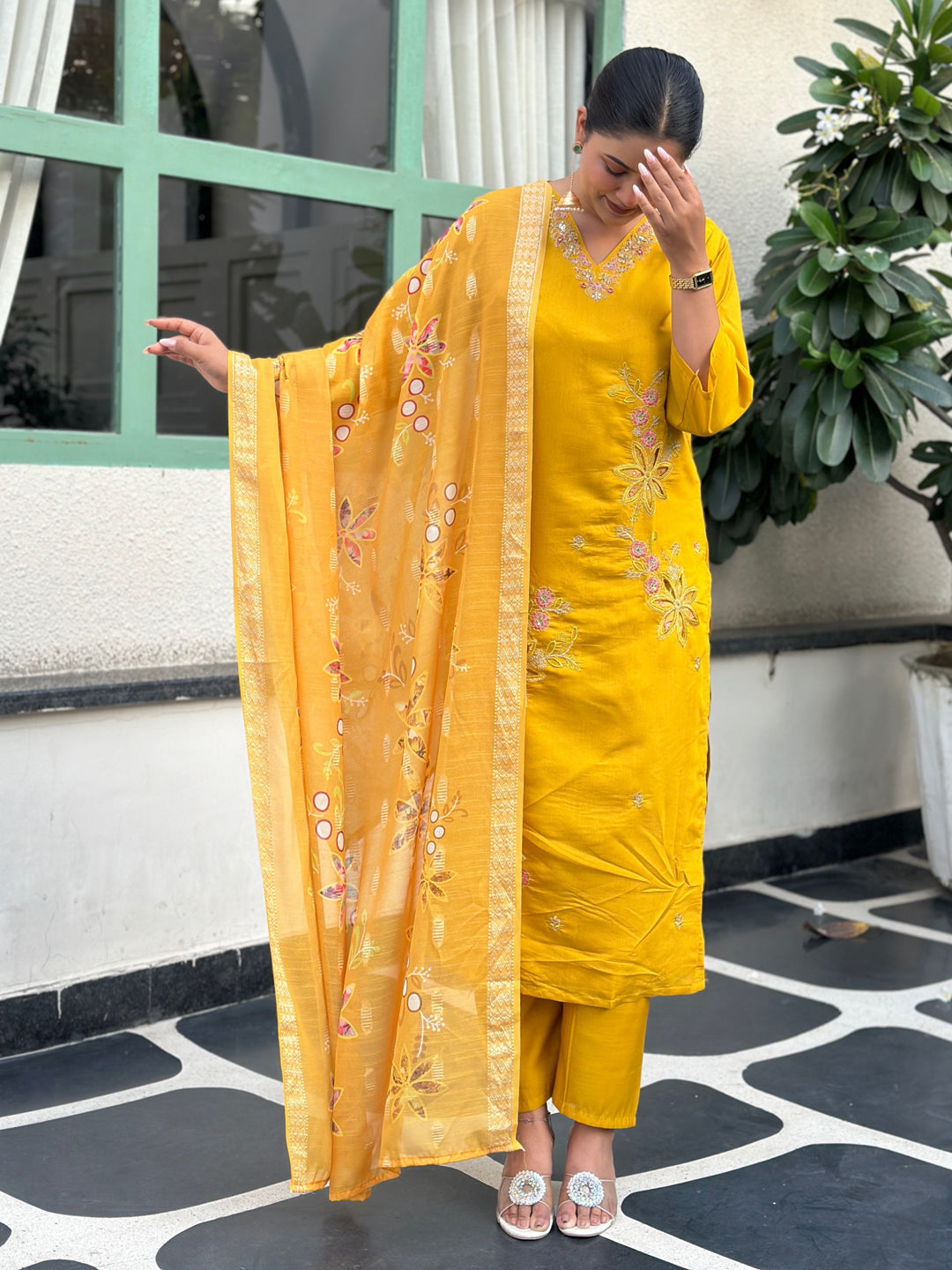 Kivra Yellow Women Kurta and Pant Dupatta Sets Silk Fabrics with Embroidery