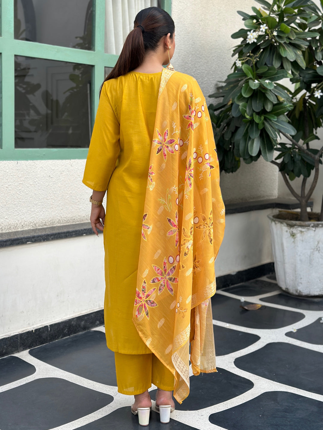 Kivra Yellow Women Kurta and Pant Dupatta Sets Silk Fabrics with Embroidery
