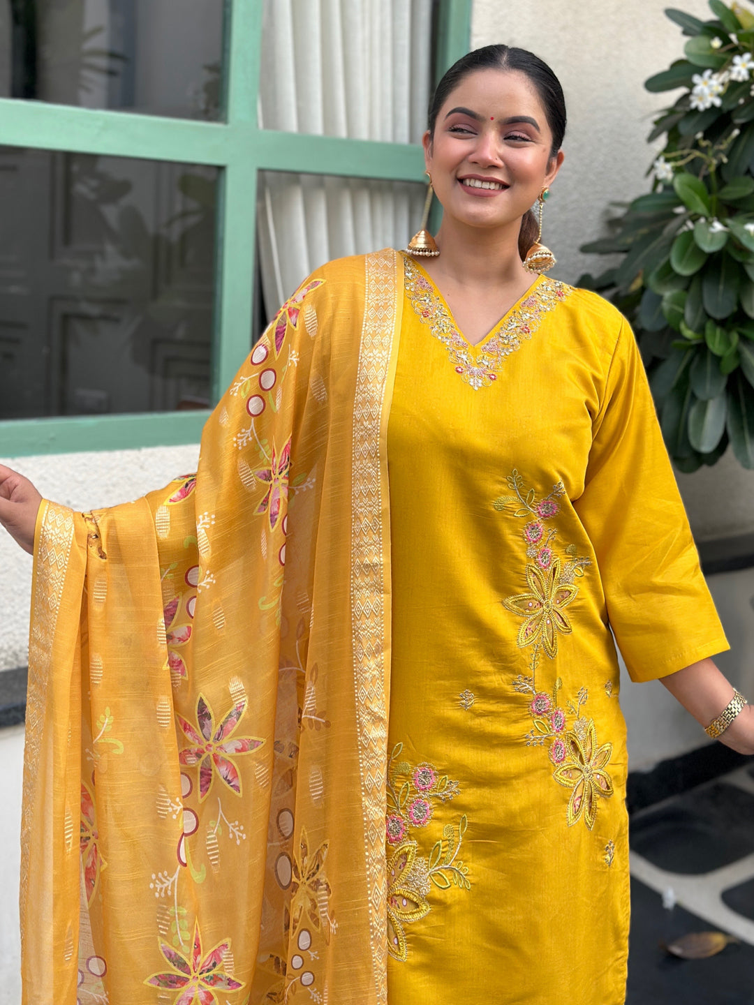 Kivra Yellow Women Kurta and Pant Dupatta Sets Silk Fabrics with Embroidery
