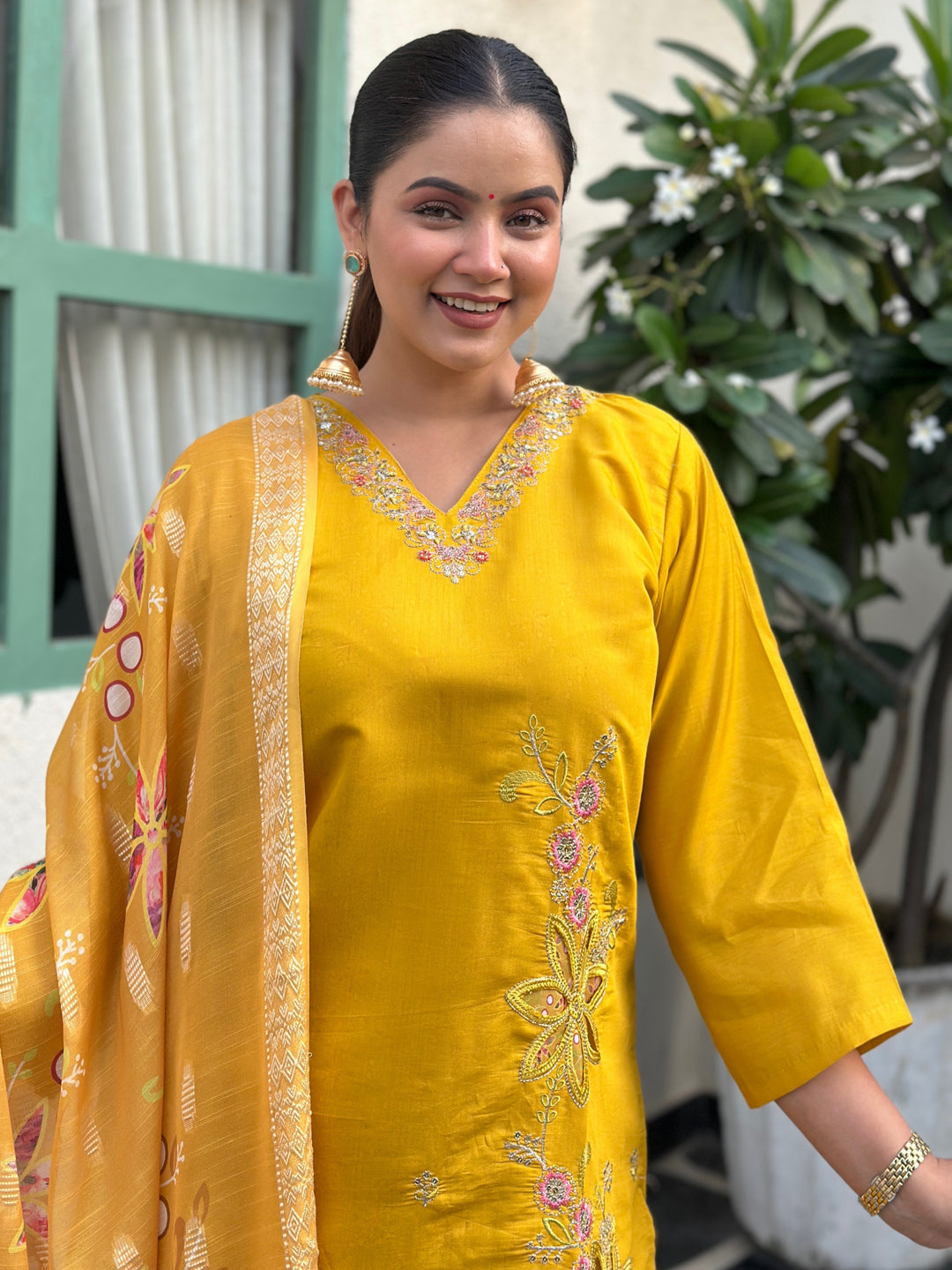 Kivra Yellow Women Kurta and Pant Dupatta Sets Silk Fabrics with Embroidery