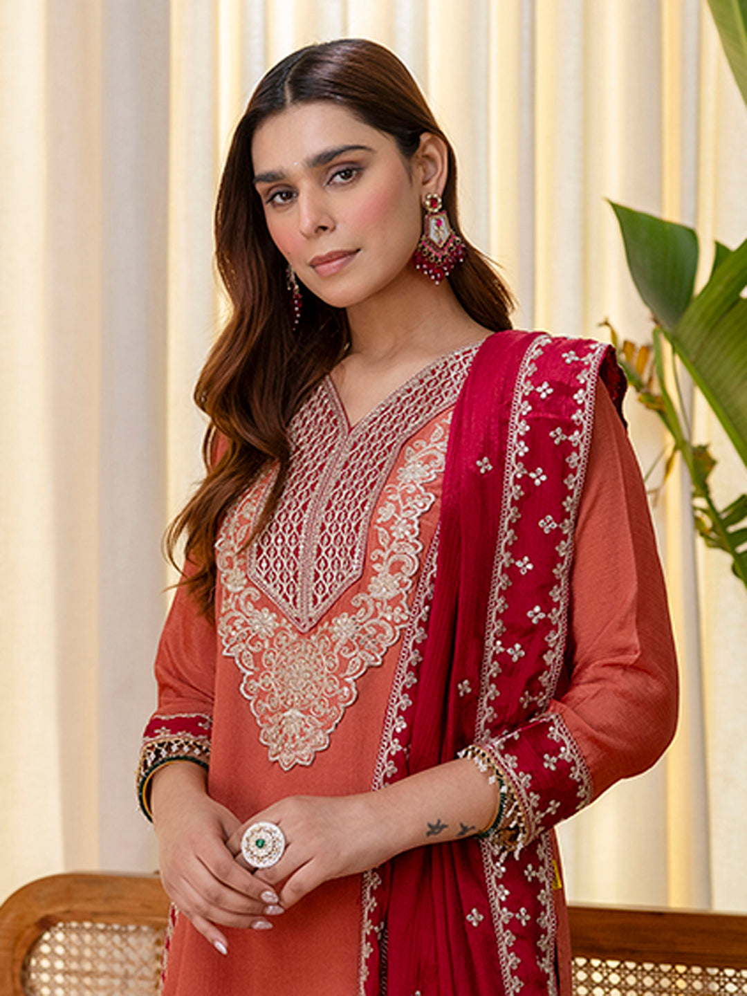 Niyati Peach Embroidred Kurta Sets with Sequins Work Women Suits