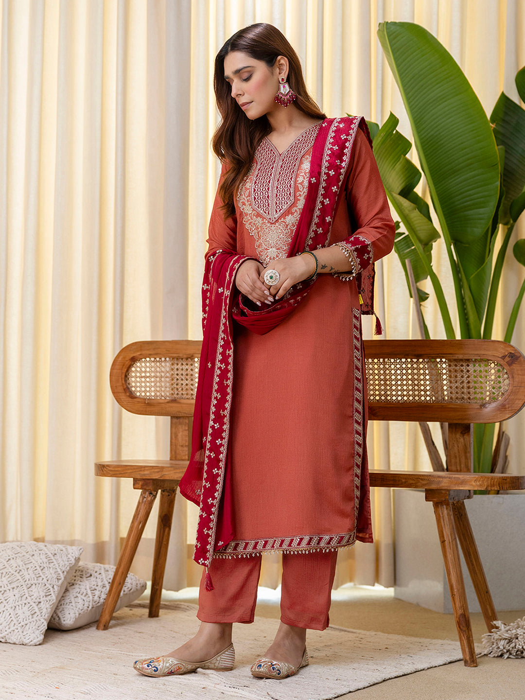 Niyati Peach Embroidred Kurta Sets with Sequins Work Women Suits
