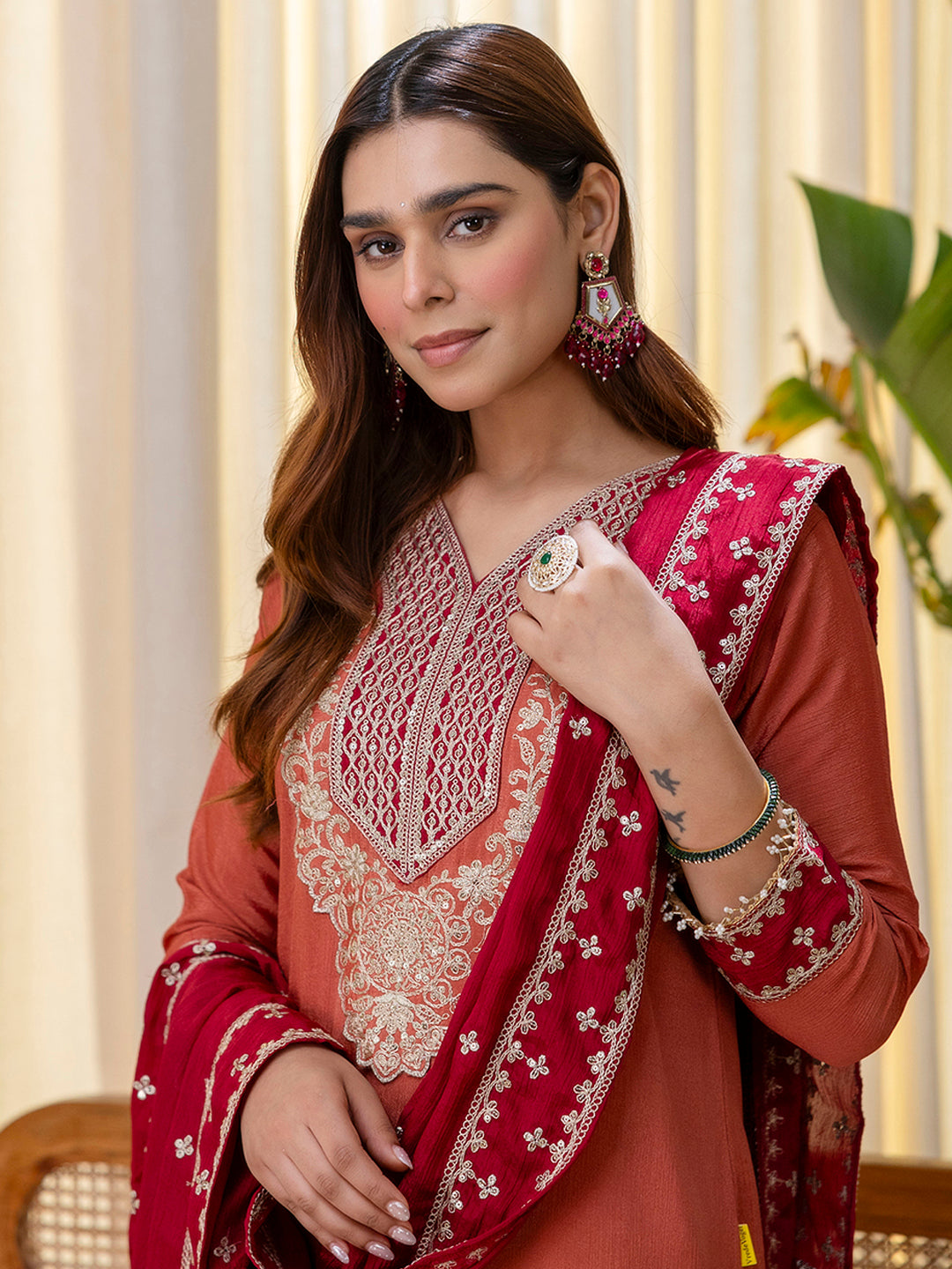 Niyati Peach Embroidred Kurta Sets with Sequins Work Women Suits