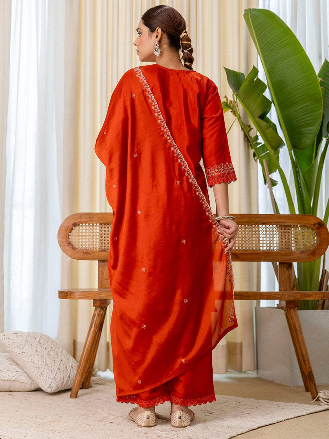 Utsaah Rust Embroidred Kurta Sets with Sequins Work Women Suits