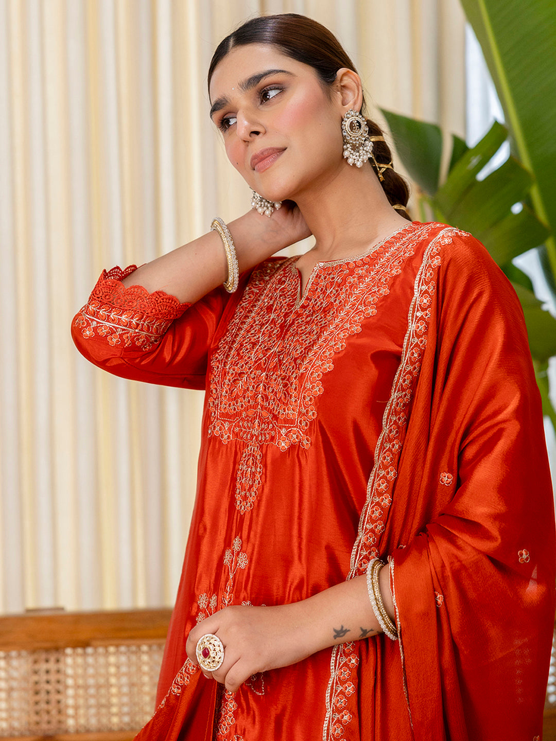 Utsaah Rust Embroidred Kurta Sets with Sequins Work Women Suits