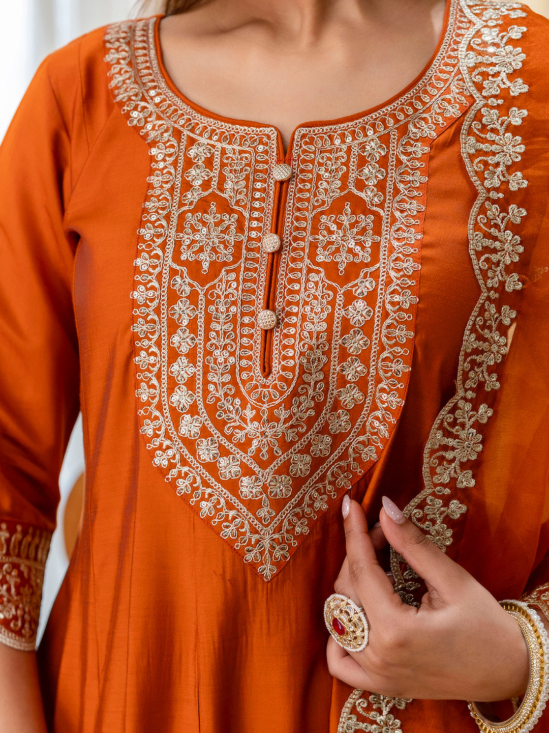 Saanvi Rust Embroidred Kurta Sets with Sequins Work Women Suits