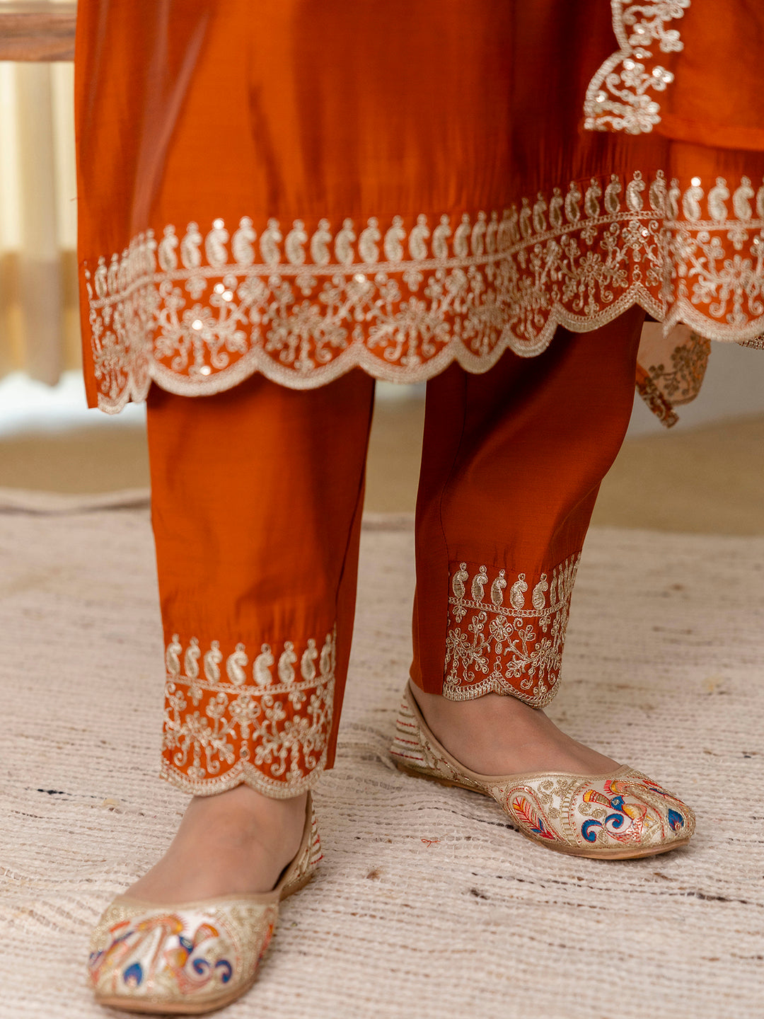 Saanvi Rust Embroidred Kurta Sets with Sequins Work Women Suits