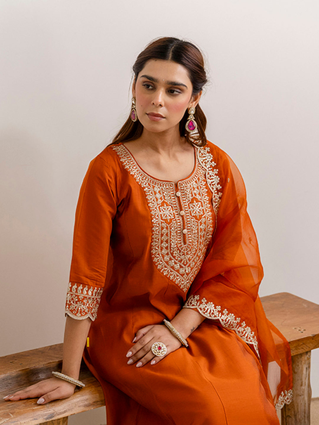 Saanvi Rust Embroidred Kurta Sets with Sequins Work Women Suits