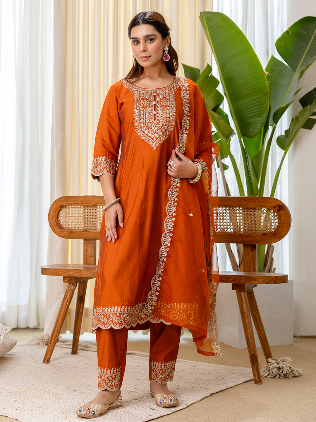 Saanvi Rust Embroidred Kurta Sets with Sequins Work Women Suits
