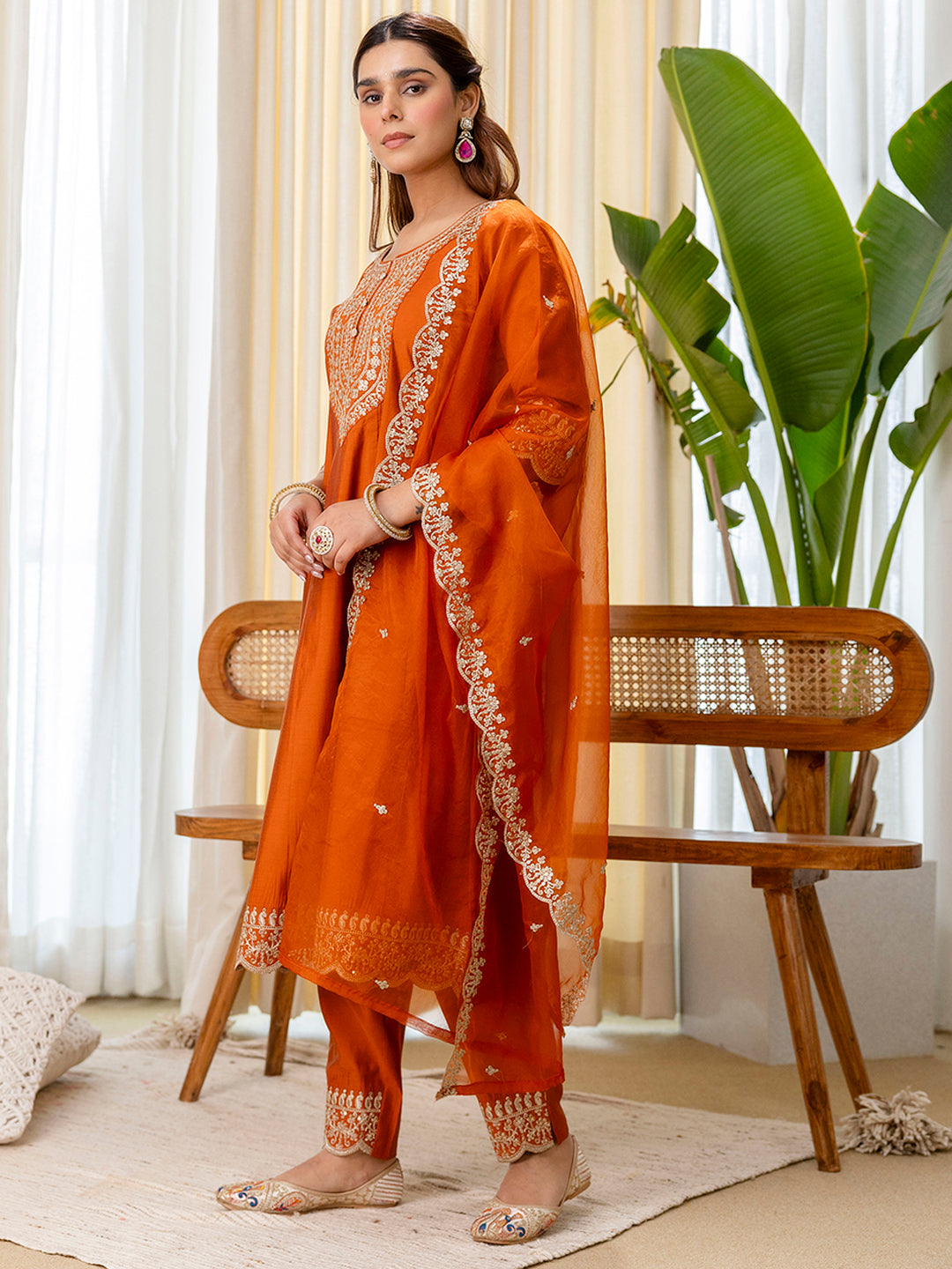 Saanvi Rust Embroidred Kurta Sets with Sequins Work Women Suits