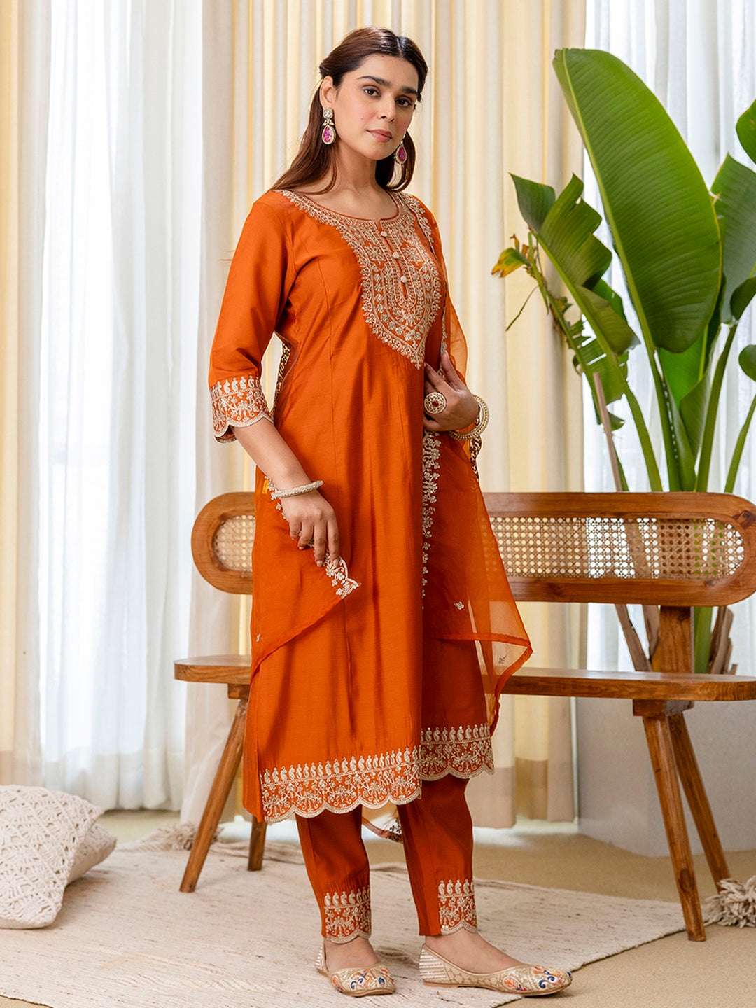 Saanvi Rust Embroidred Kurta Sets with Sequins Work Women Suits