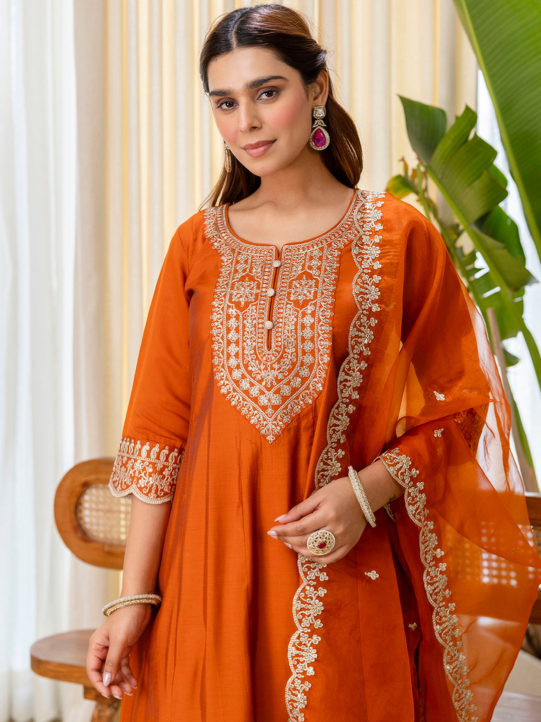 Saanvi Rust Embroidred Kurta Sets with Sequins Work Women Suits