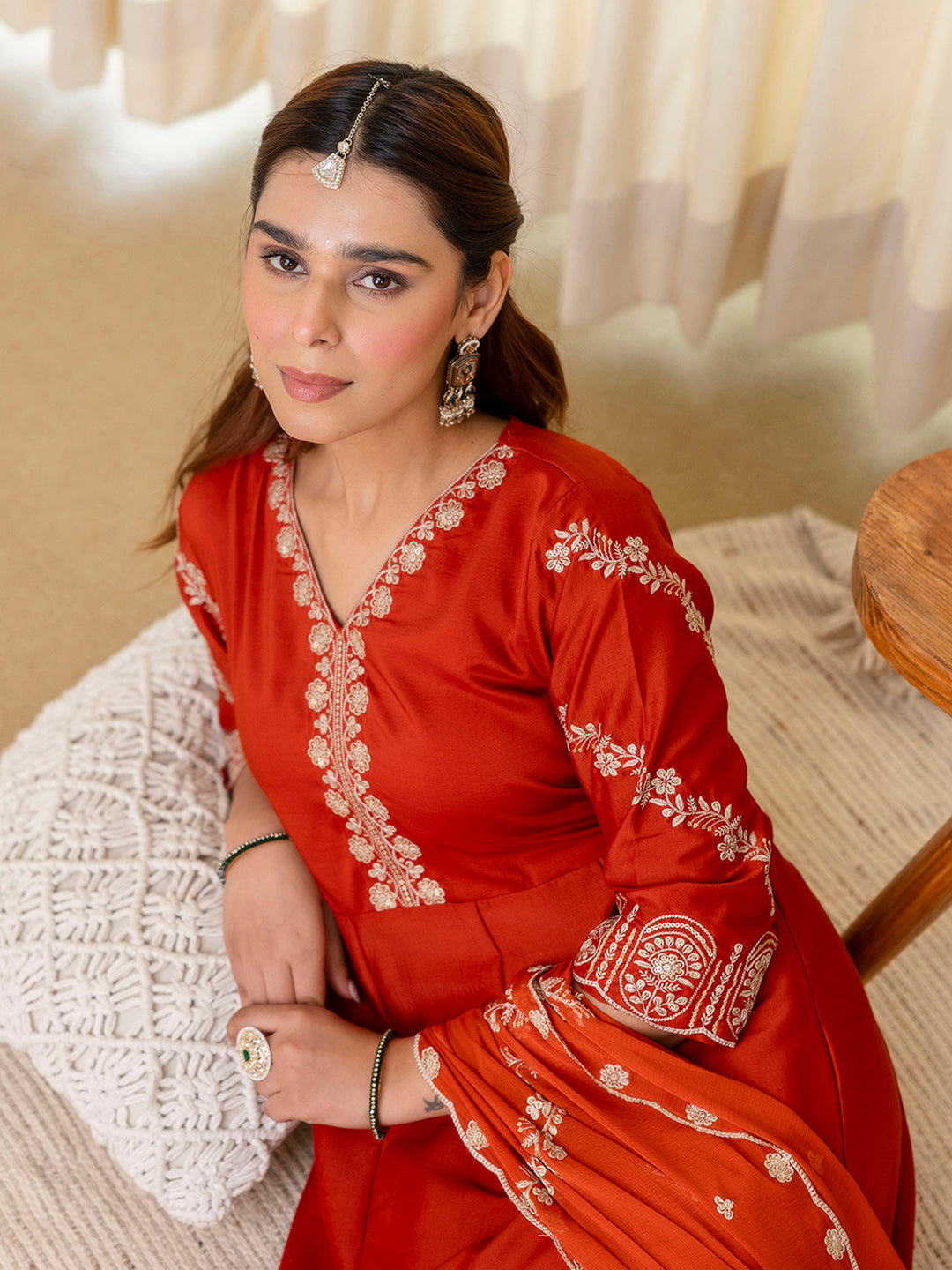 Aarna Rust Embroidred Kurta Sets with Sequins Work Women Suits