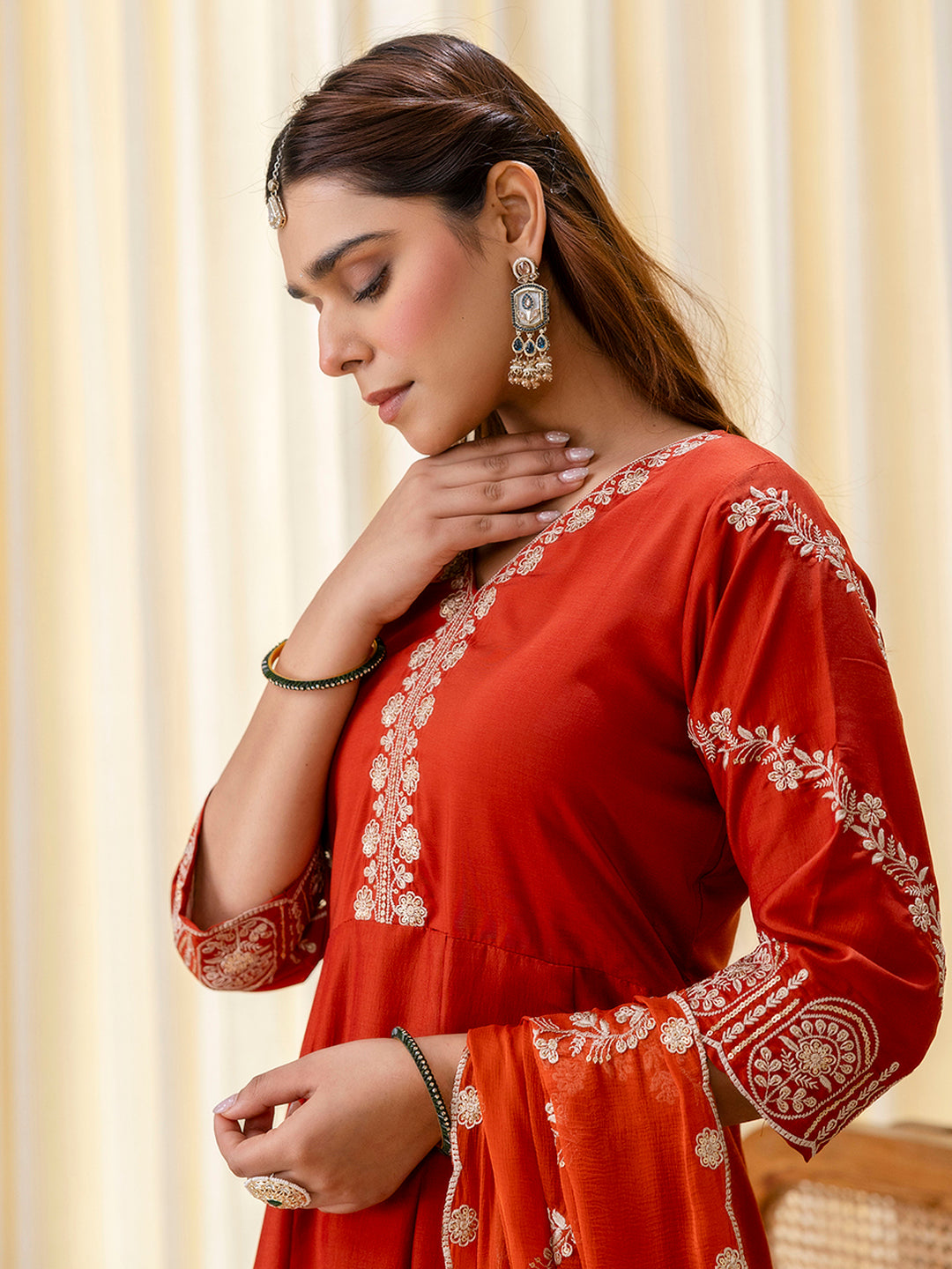 Aarna Rust Embroidred Kurta Sets with Sequins Work Women Suits