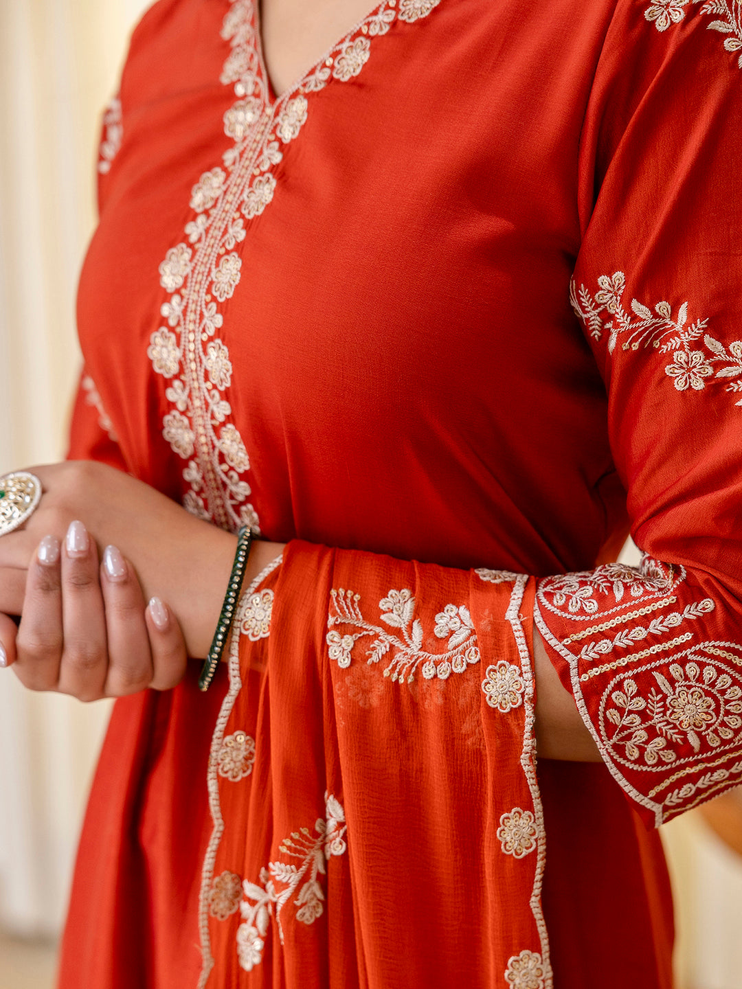 Aarna Rust Embroidred Kurta Sets with Sequins Work Women Suits