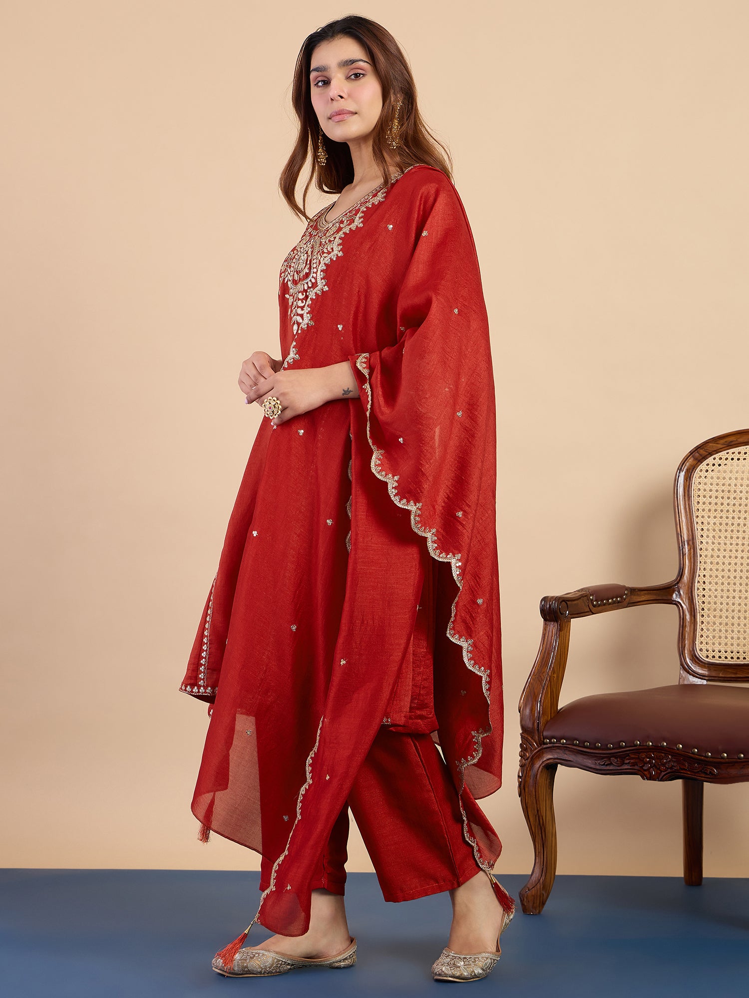 Aurevia Rust Women's Designer Kurta Pant Set Premium Pattern Collection