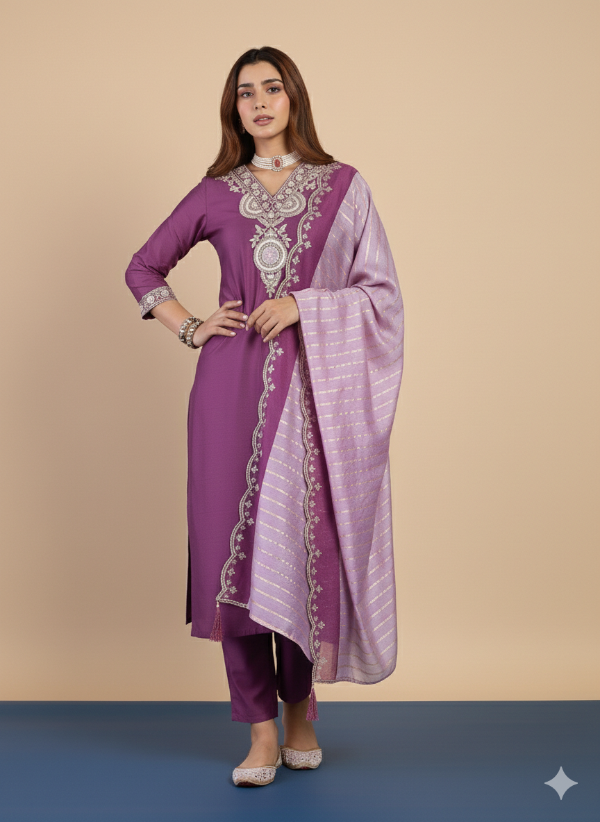 Paramika Purple Women's Designer Kurta Pant Set Premium Pattern Collection
