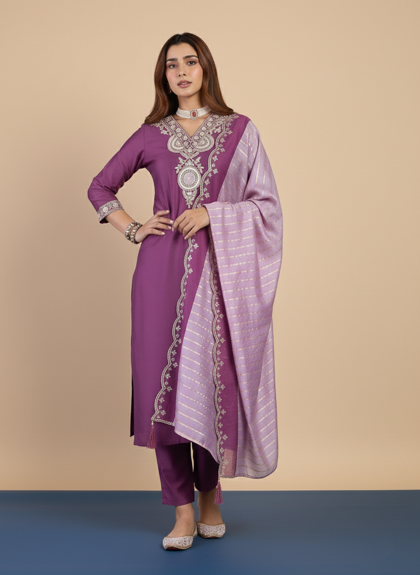 Paramika Purple Women's Designer Kurta Pant Set Premium Pattern Collection