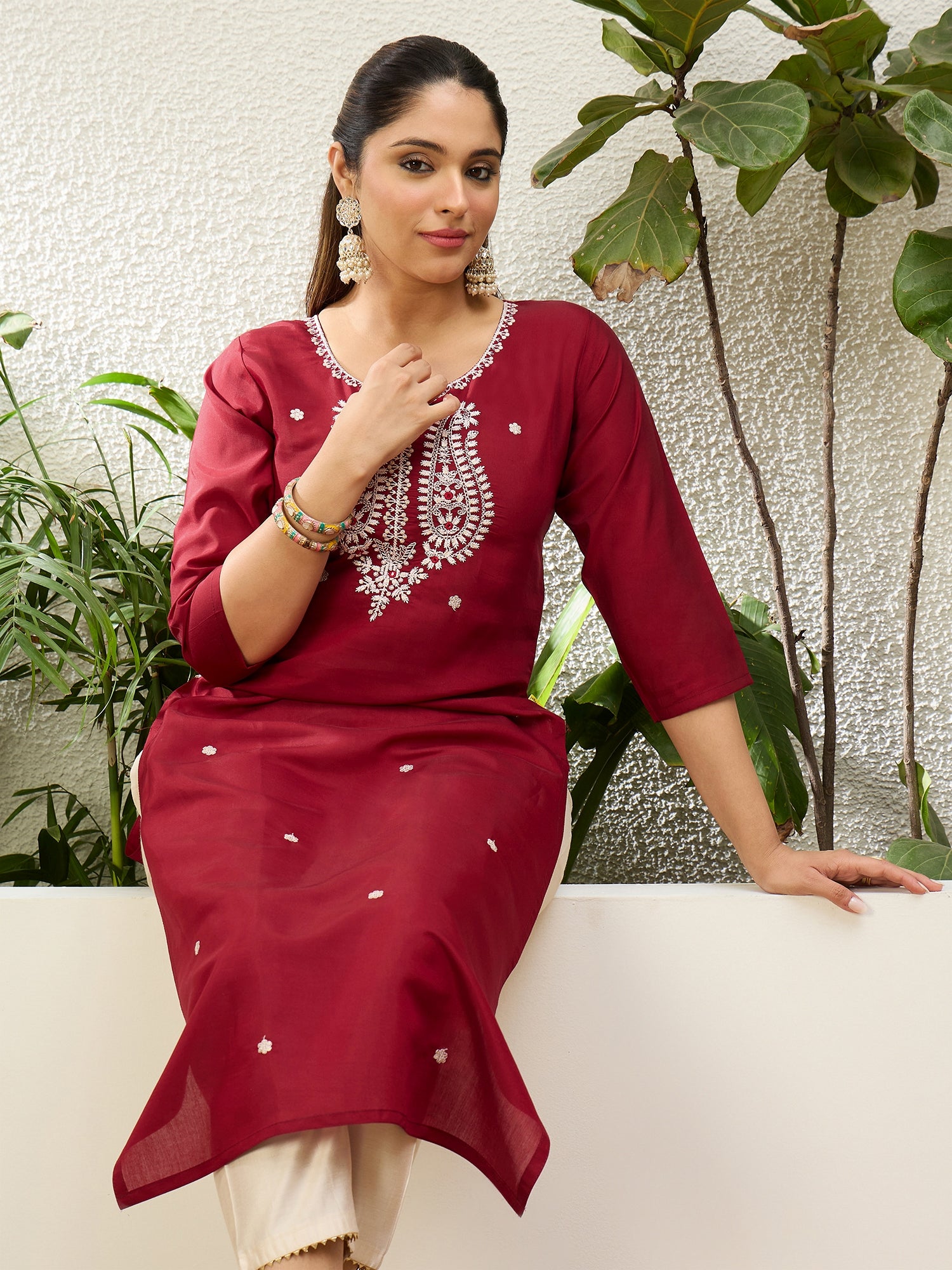 Naayika Cherry Red Women Embroidered Silk Blend Straight Kurta