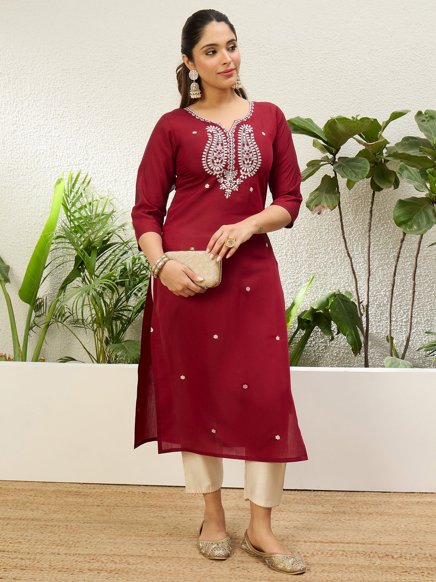 Naayika Cherry Red Women Embroidered Silk Blend Straight Kurta