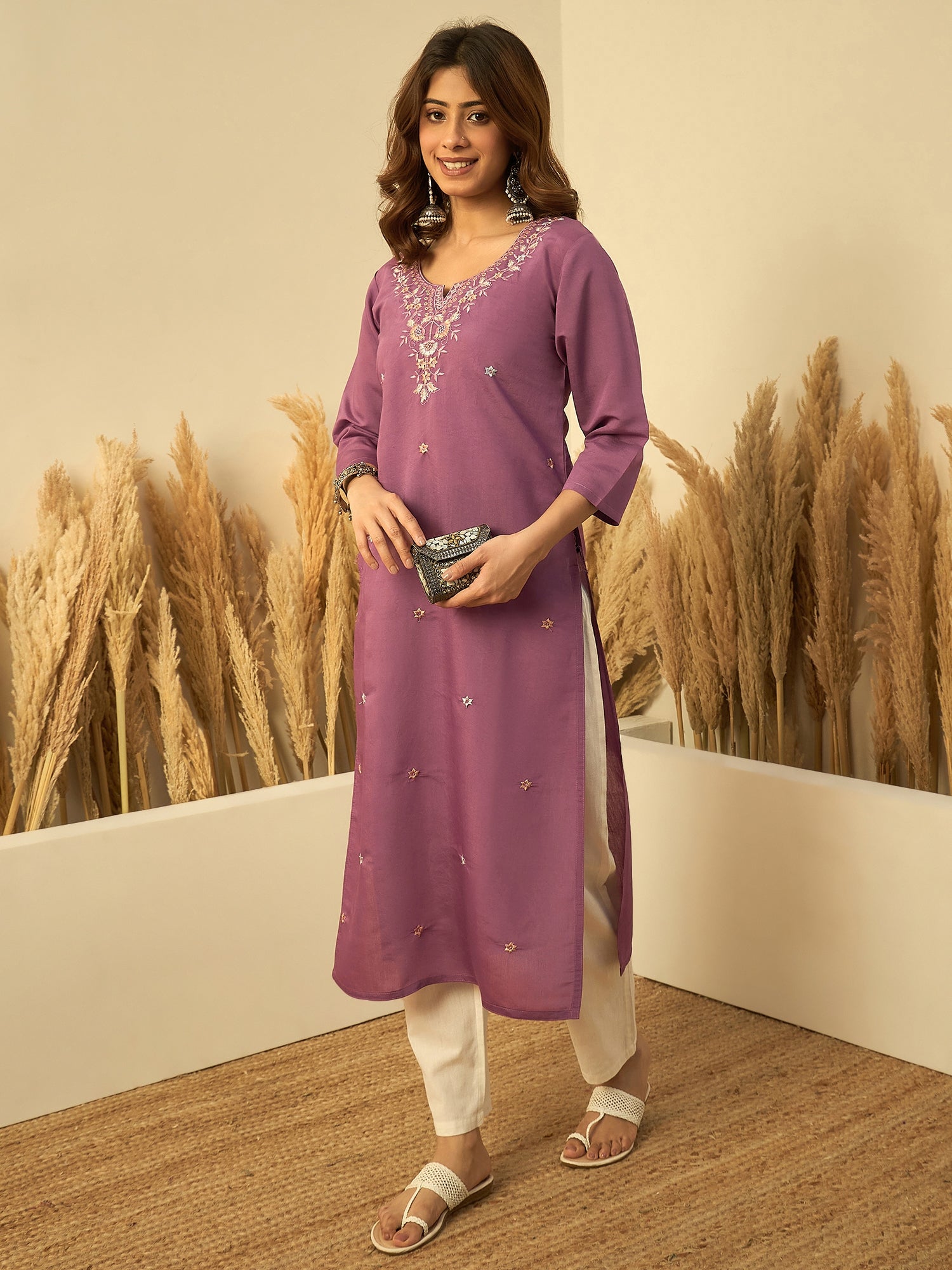 Naayika Lavender Women Embroidered Silk Blend Straight Kurta