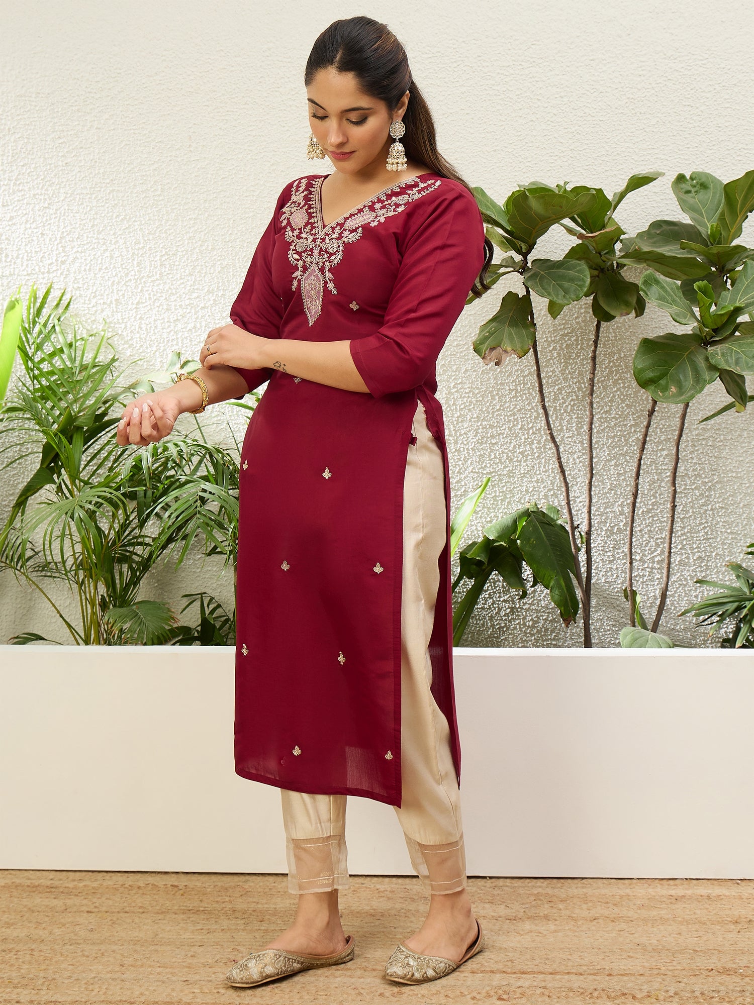Bhavya Cherry-red Women Embroidered Silk Blend Straight Kurta