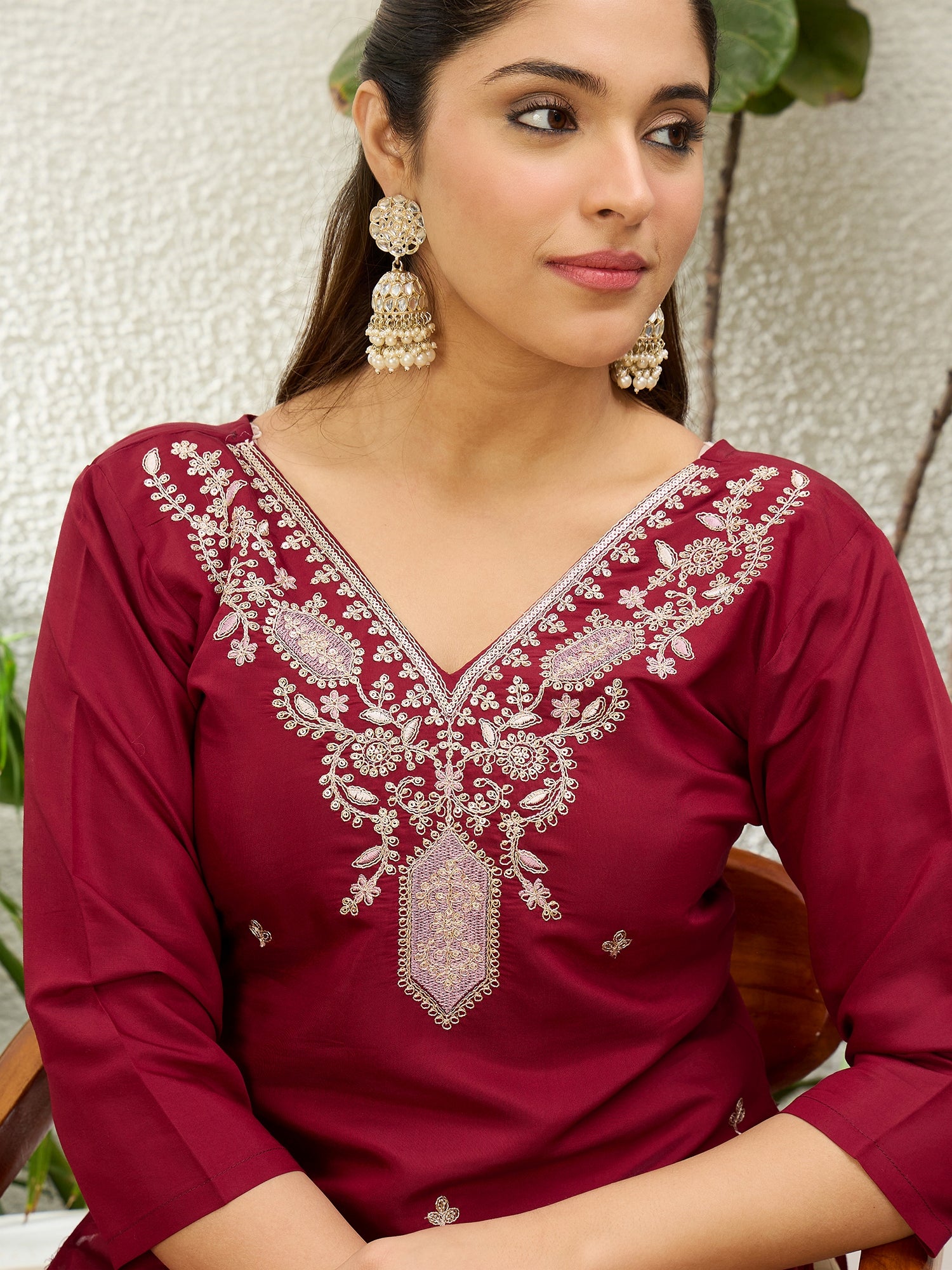 Bhavya Cherry-red Women Embroidered Silk Blend Straight Kurta