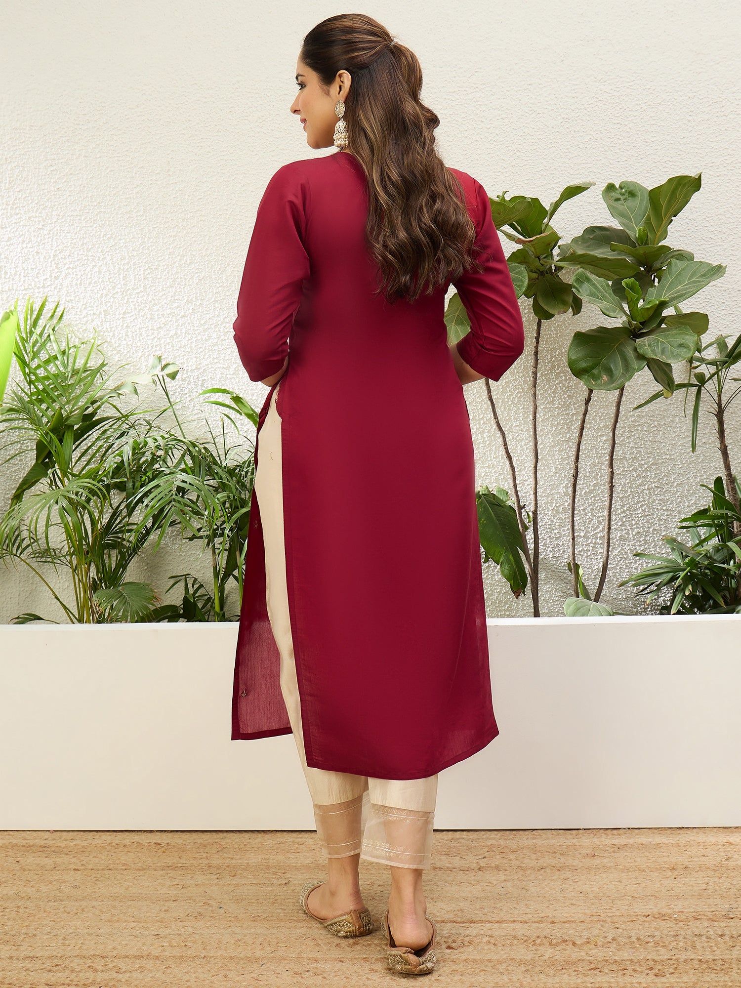Bhavya Cherry-red Women Embroidered Silk Blend Straight Kurta