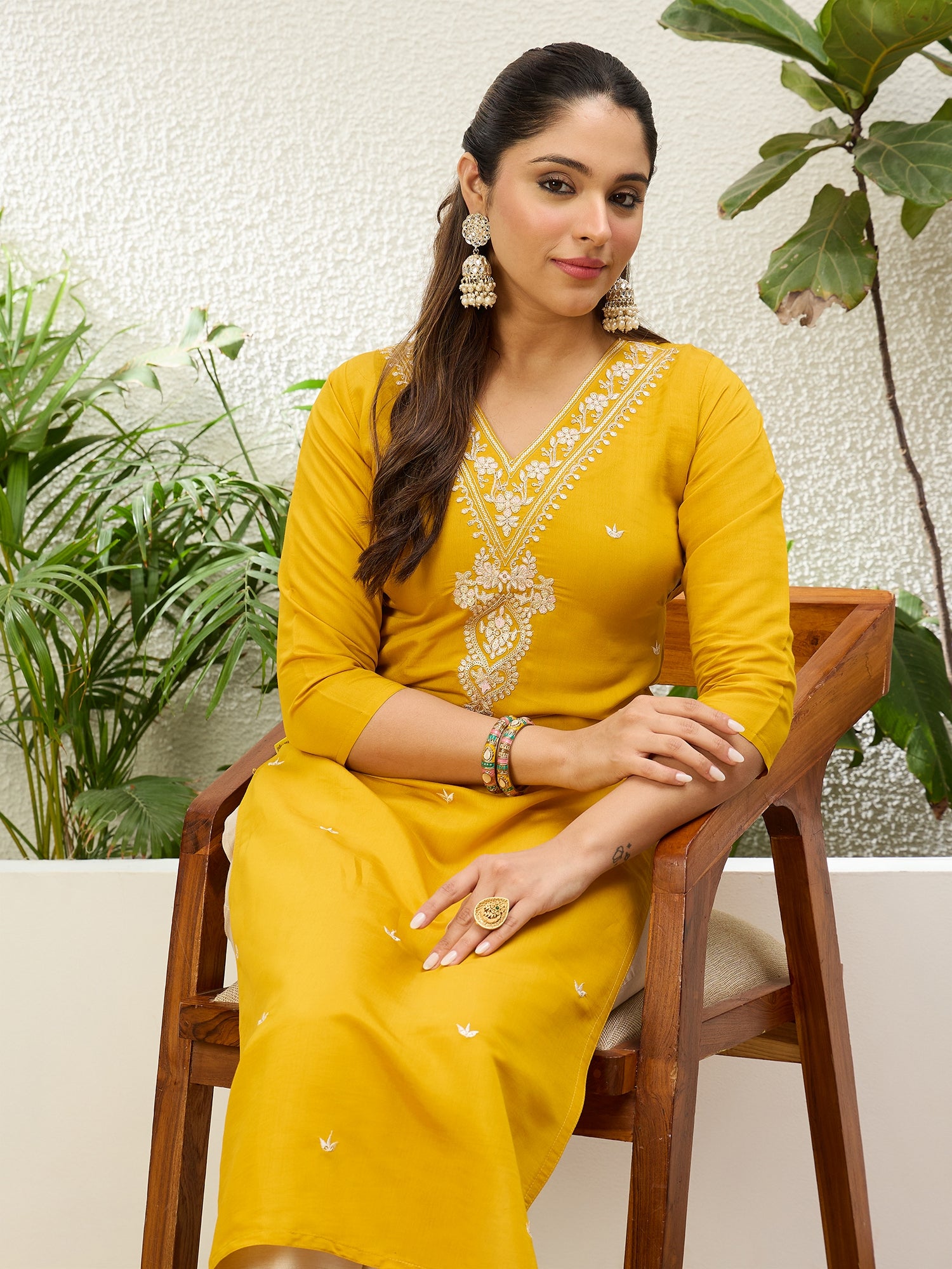 Bhavya Yellow Women Embroidered Silk Blend Straight Kurta