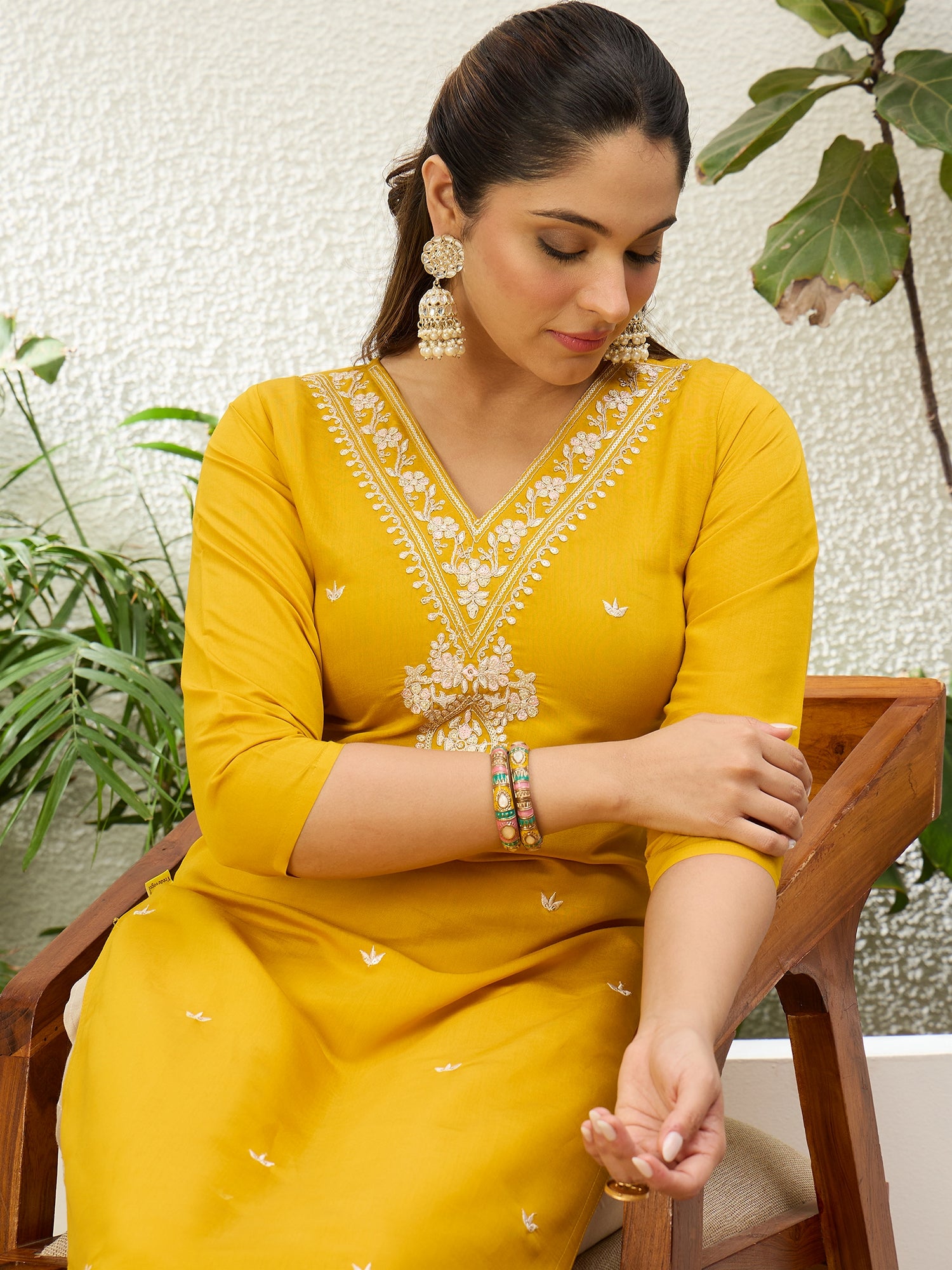 Bhavya Yellow Women Embroidered Silk Blend Straight Kurta