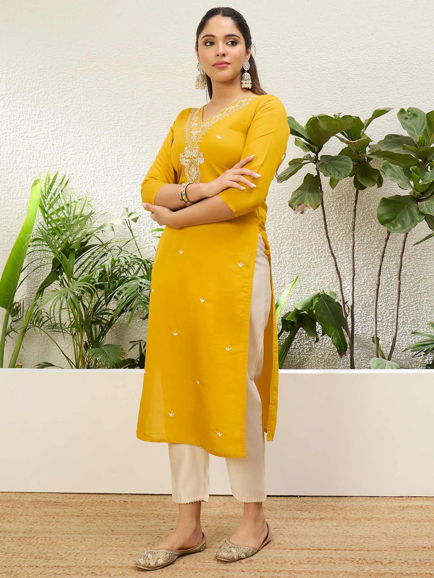 Bhavya Yellow Women Embroidered Silk Blend Straight Kurta