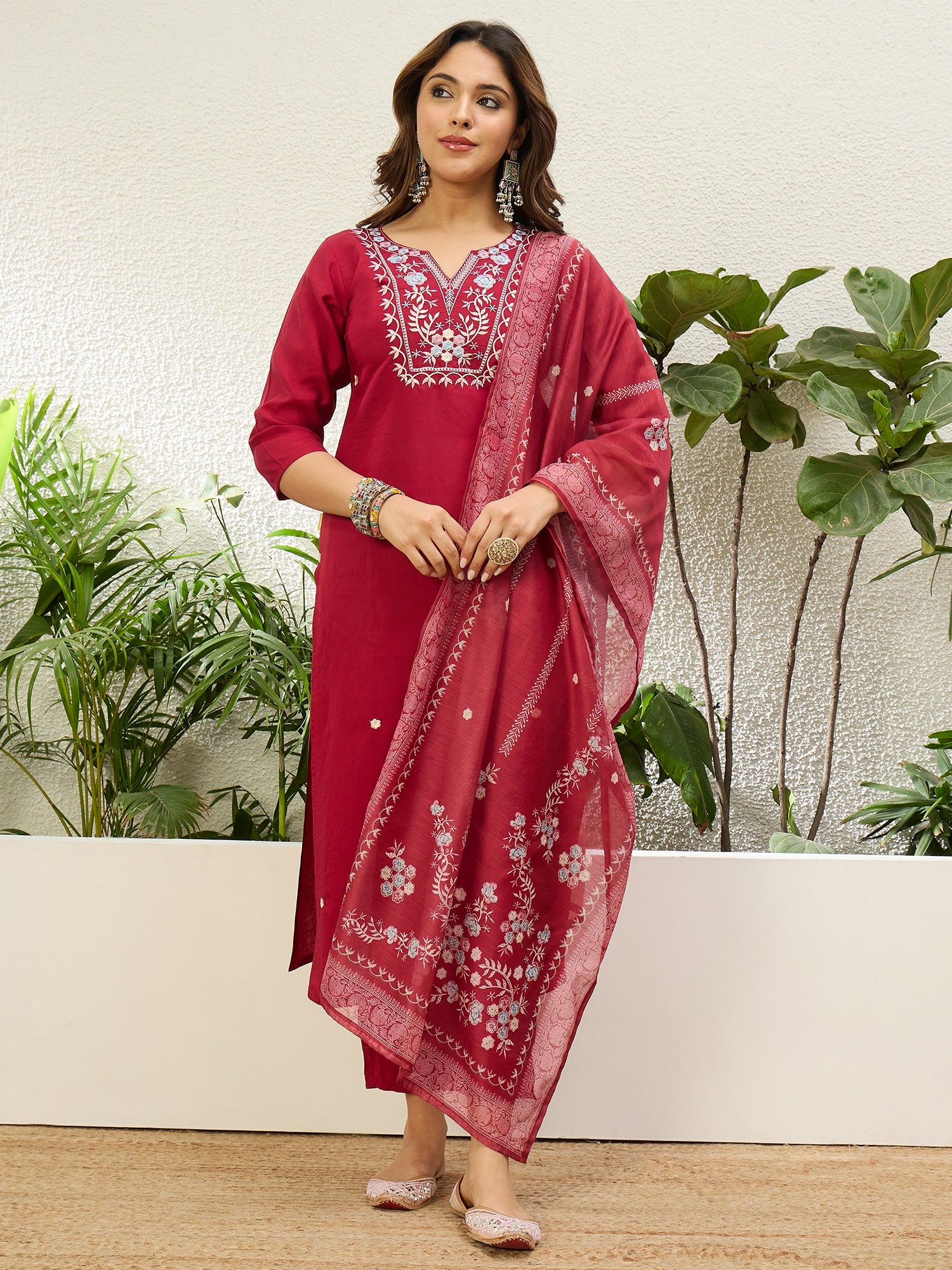 Charvi Cherry Red Women’s Traditional Kurta Pant Set with Dupatta