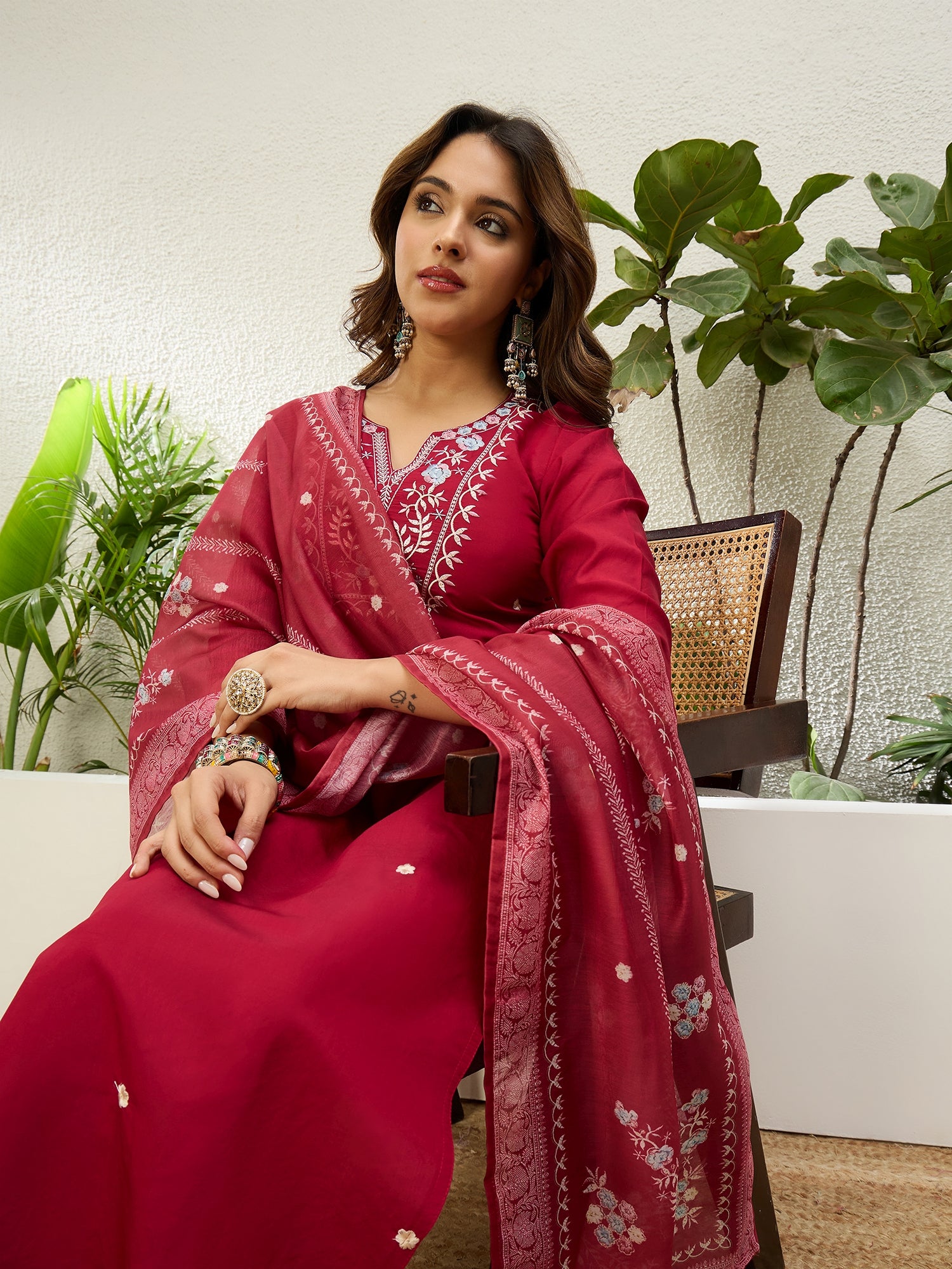 Charvi Cherry Red Women’s Traditional Kurta Pant Set with Dupatta