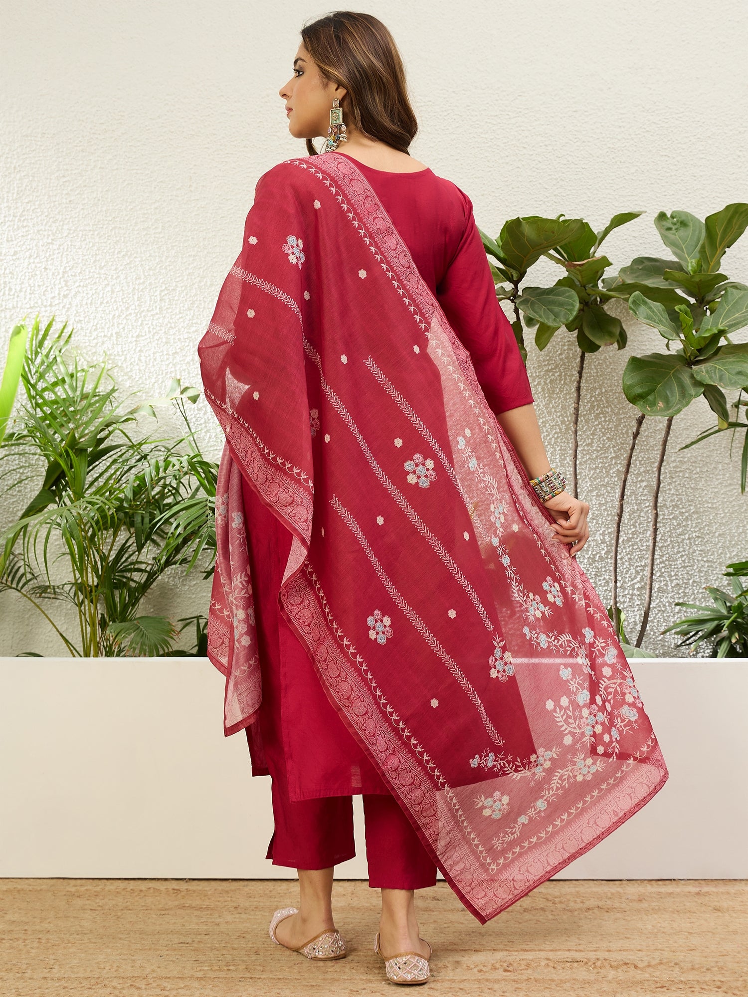 Charvi Cherry Red Women’s Traditional Kurta Pant Set with Dupatta