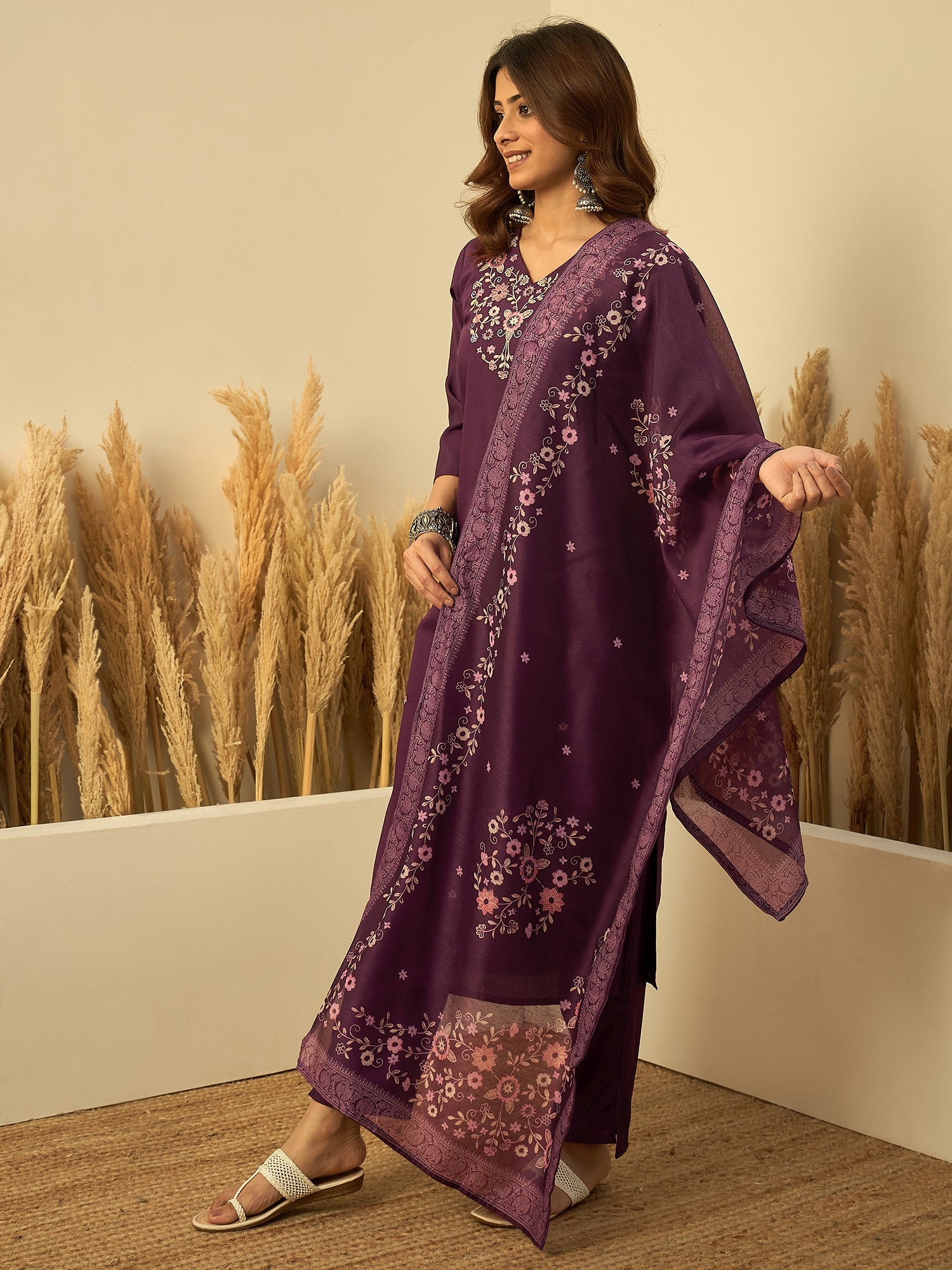 Meera Women's Purple Festive Kurta Set with Printed Dupatta